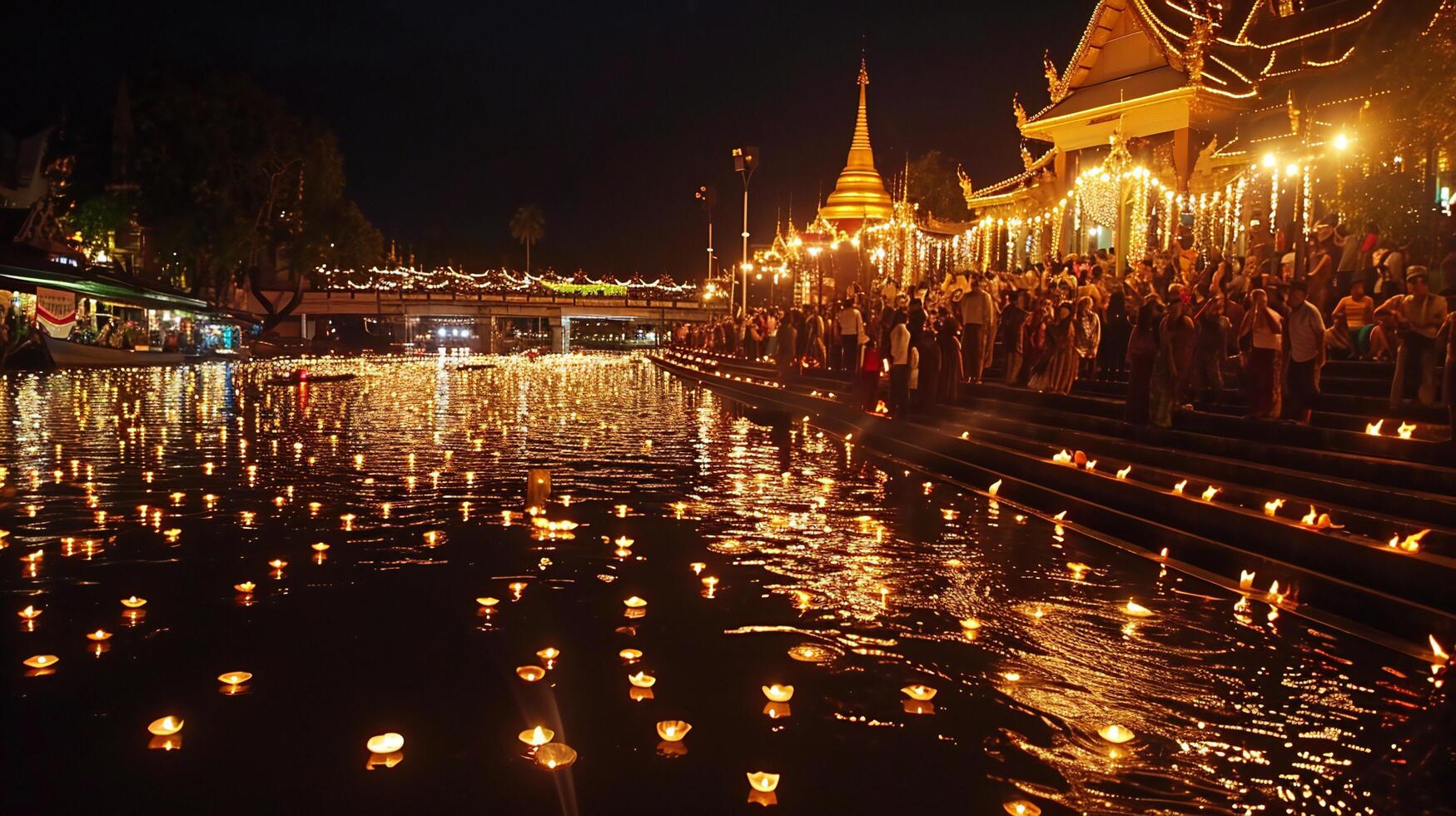 ai gegenereerd lichtgevend nacht festival Aan de waterkant met drijvend lantaarns foto