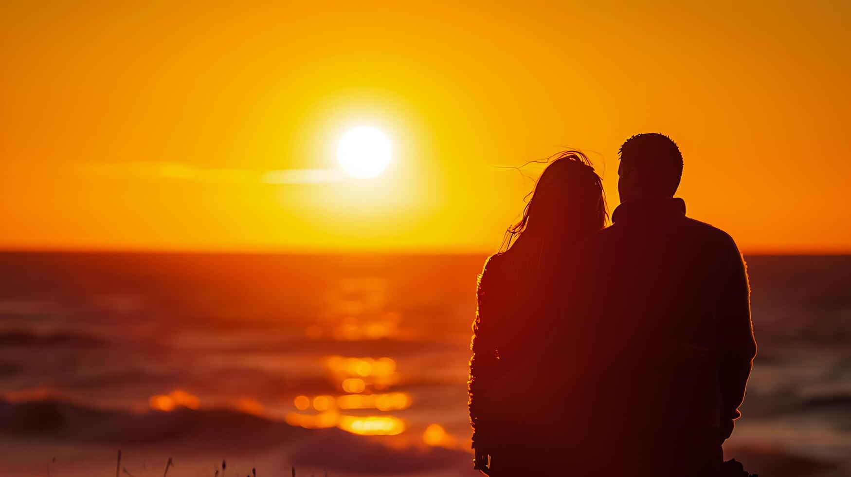 ai gegenereerd paar genieten van een majestueus zonsondergang Aan de strand foto