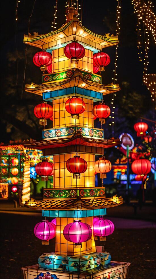 ai gegenereerd majestueus moe pagode lantaarn toren Bij nacht foto