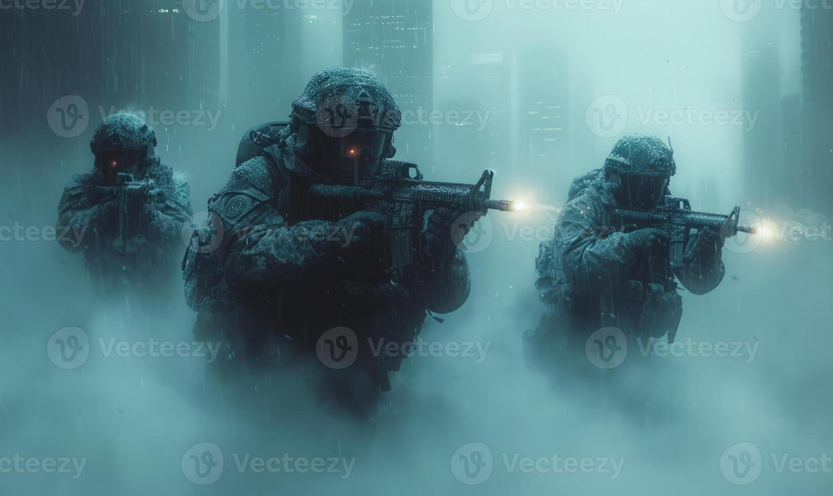 ai gegenereerd drie mep soldaten staan in de rook en brand Aan de vijand. groep van soldaten zijn in actie in een groot stad gebouw foto
