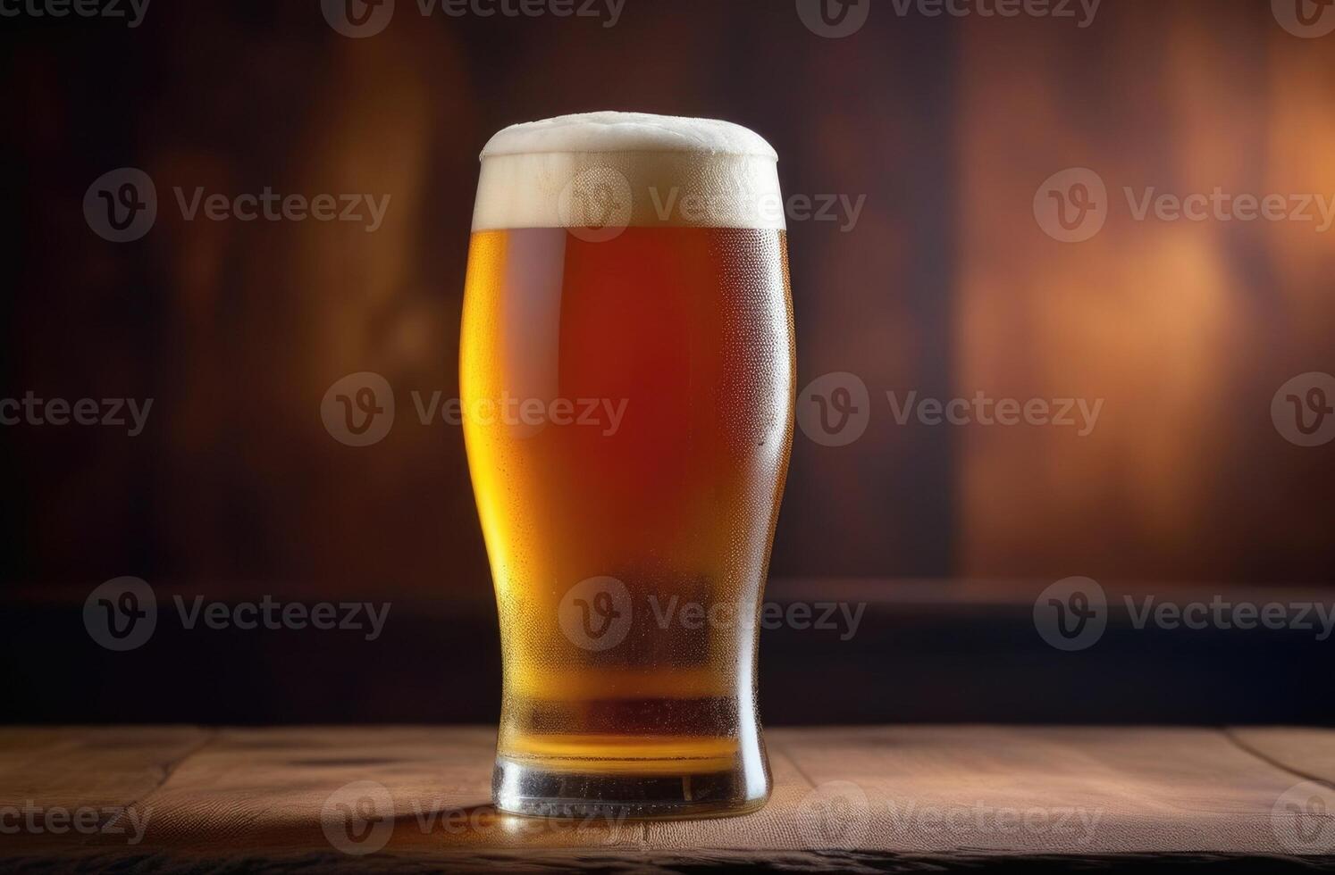 ai gegenereerd nationaal bier dag, wereld barman dag, glas van bier, schuimend drinken Aan de bar, donker houten achtergrond foto