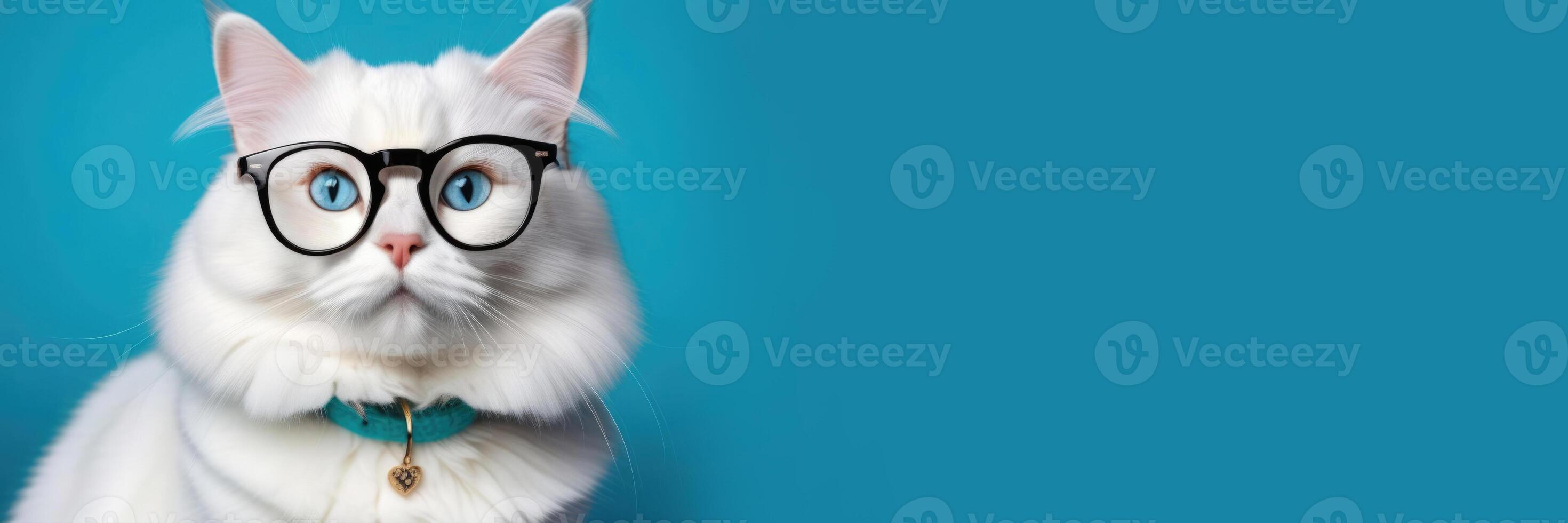 ai gegenereerd wereld kat dag, pluizig huiselijk wit kat met bril, visie controleren, oogheelkunde salon, veterinair kliniek, blauw achtergrond, horizontaal web banier, plaats voor tekst foto