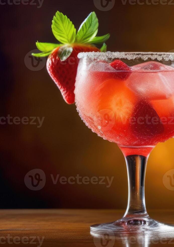 ai gegenereerd zacht drinken met ijs, zomer cocktail met bessen, alcoholisch cocktail margarita aardbei, Internationale barmannen dag, donker achtergrond, houten tafel, verticaal banier foto