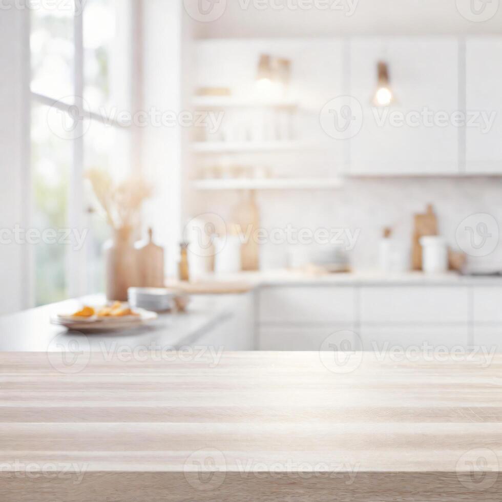 ai gegenereerd hout tafel top Aan wazig keuken achtergrond, beeld klaar voor montage uw tekst of Product. foto