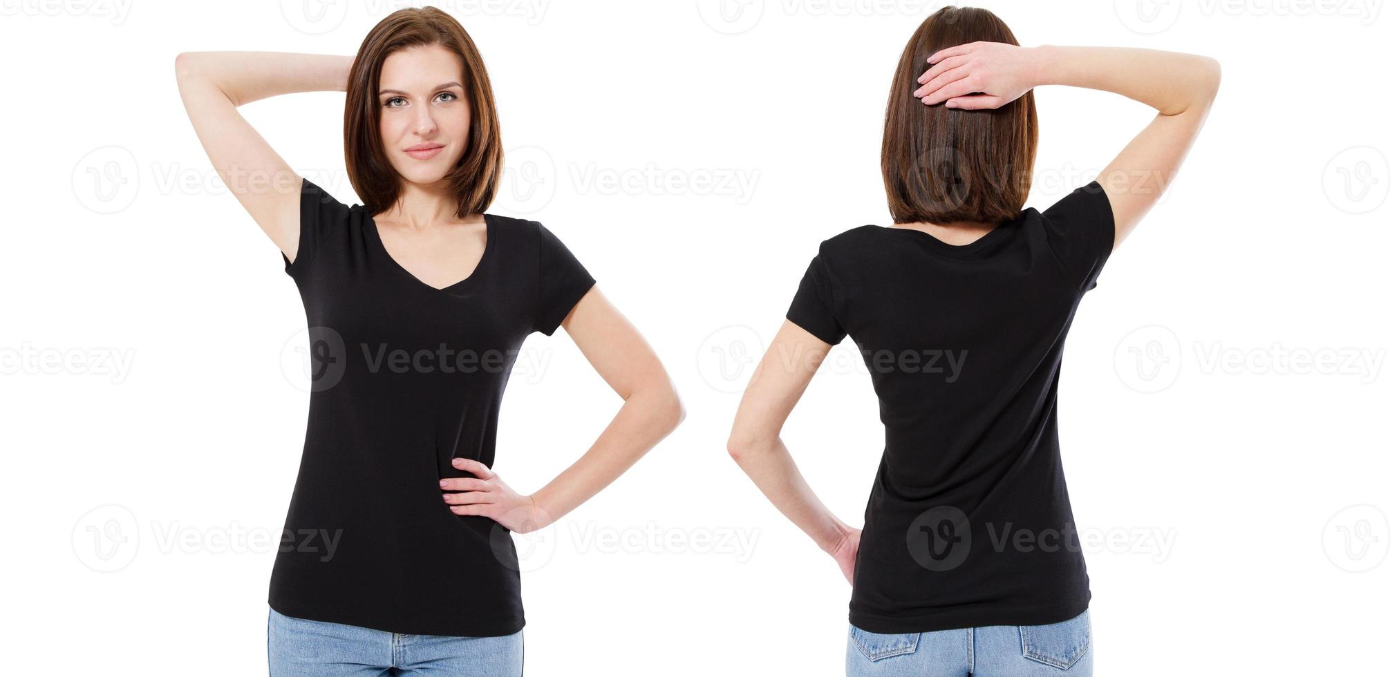 t-shirt set, schattige brunette in stijlvol zwart t-shirt geïsoleerd op een witte achtergrond, mock up, blank foto