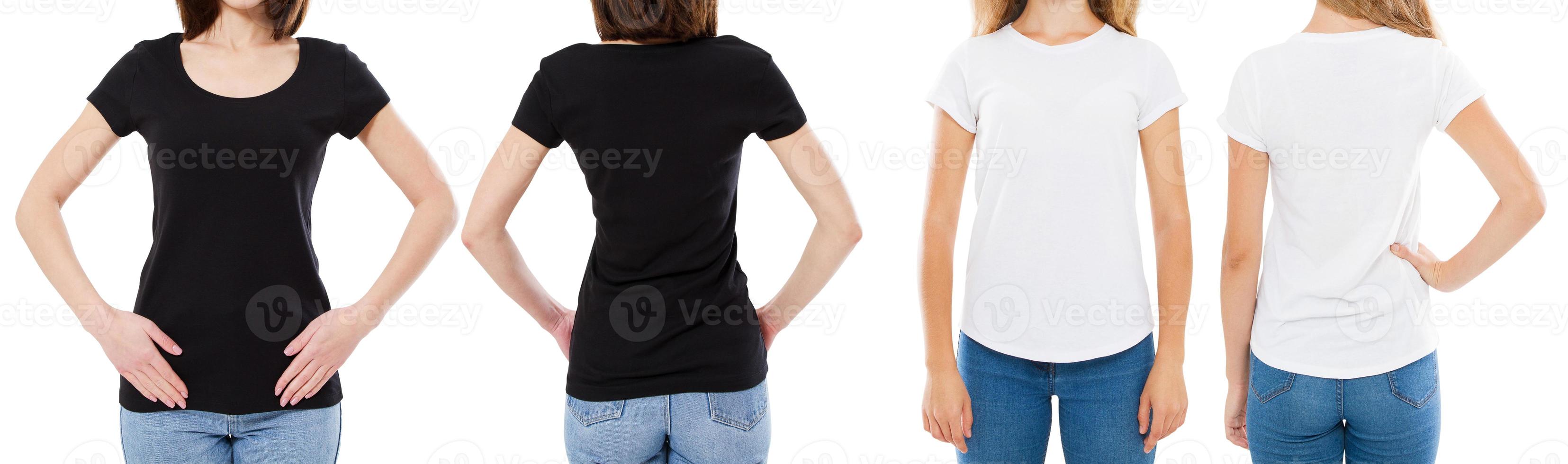 vrouw in wit en zwart t-shirt geïsoleerd voor- en achteraanzicht bijgesneden afbeelding lege t-shirt opties, meisje in tshirt set. spotten. shirtontwerp en mensenconcept. foto