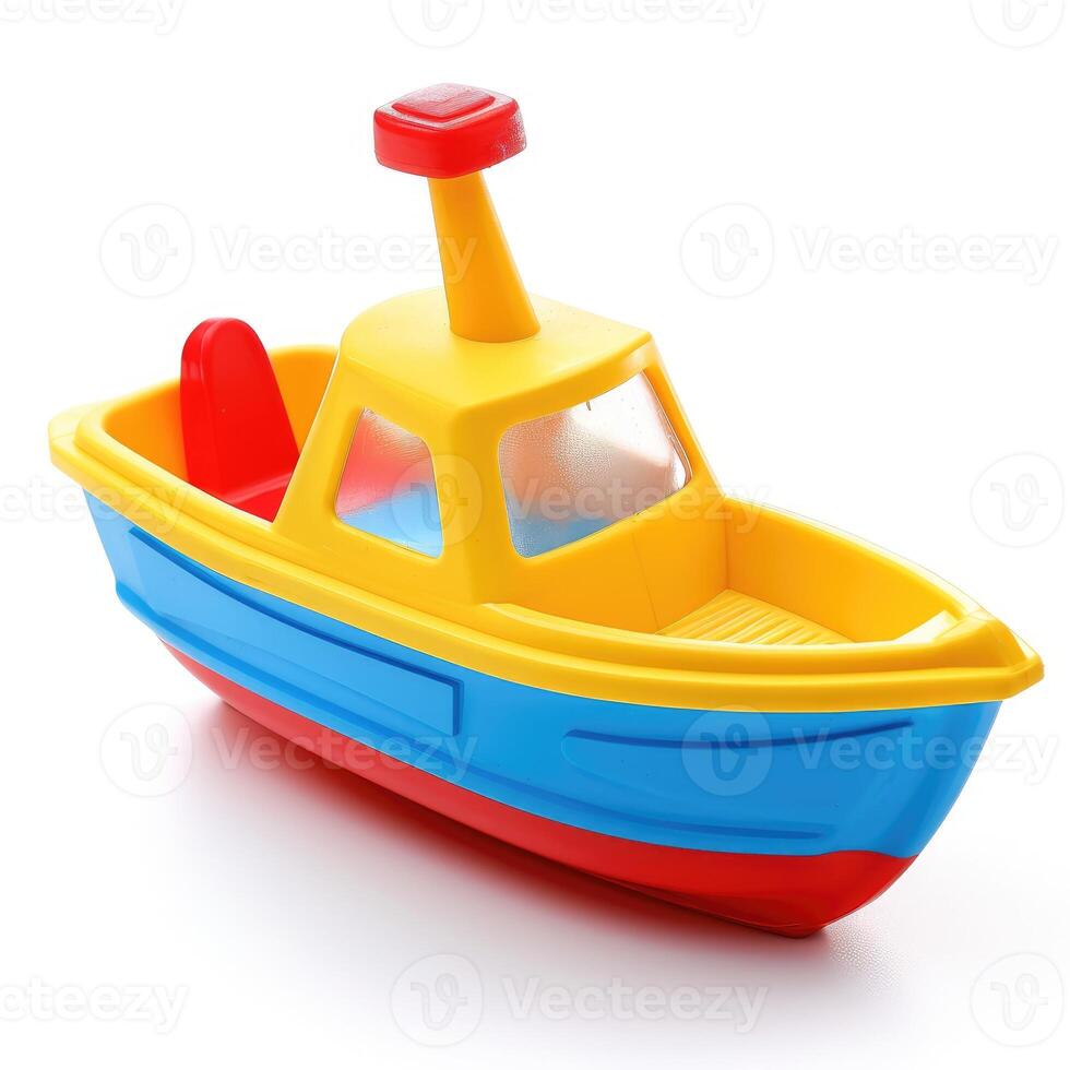 ai gegenereerd kinderen schattig plastic speelgoed- boot geïsoleerd Aan wit achtergrond voor speels ontwerpen, ai gegenereerd. foto