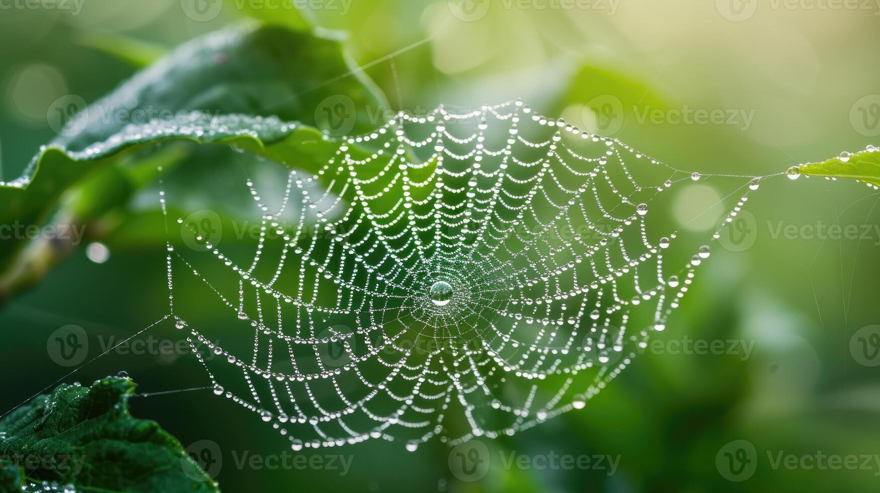 ai gegenereerd met dauw gekust spin web siert een weelderig groen blad, van de natuur delicaat artwork Aan Scherm, ai gegenereerd foto