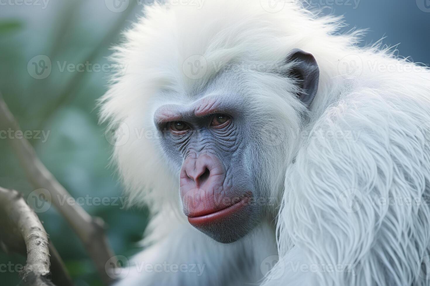 ai gegenereerd albino aap. portret van een bijzonder dier primaat buitenshuis foto