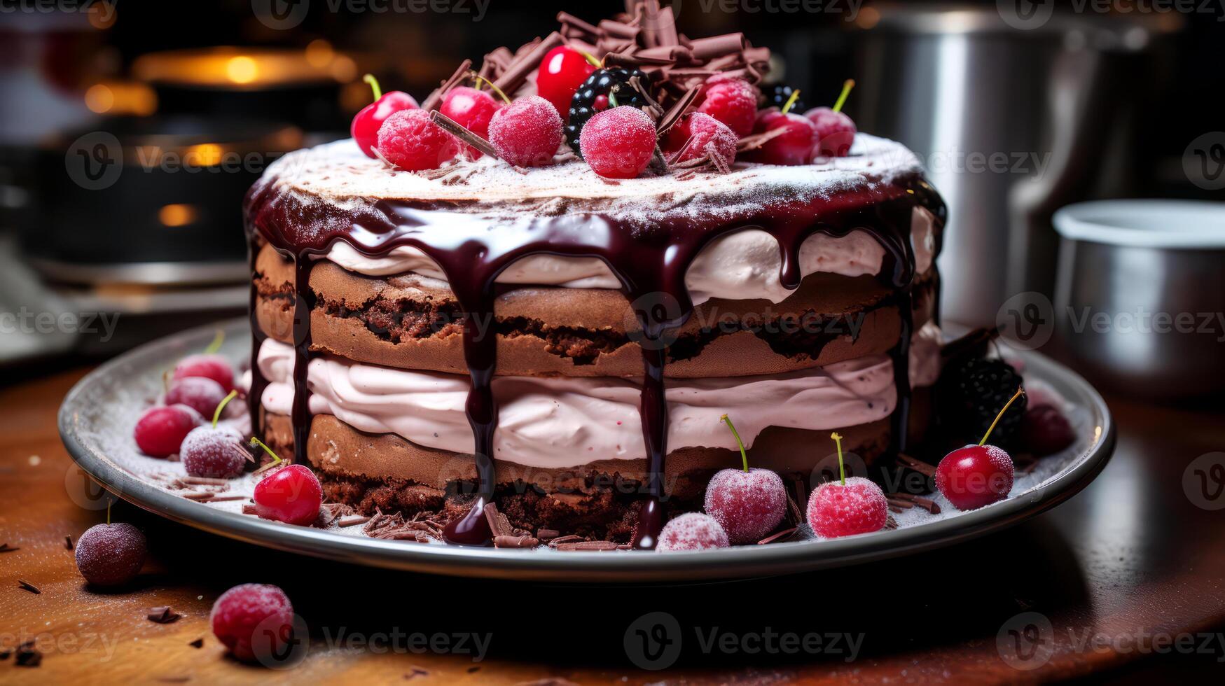 ai gegenereerd chocola taart met frambozen, bramen en kersen. foto