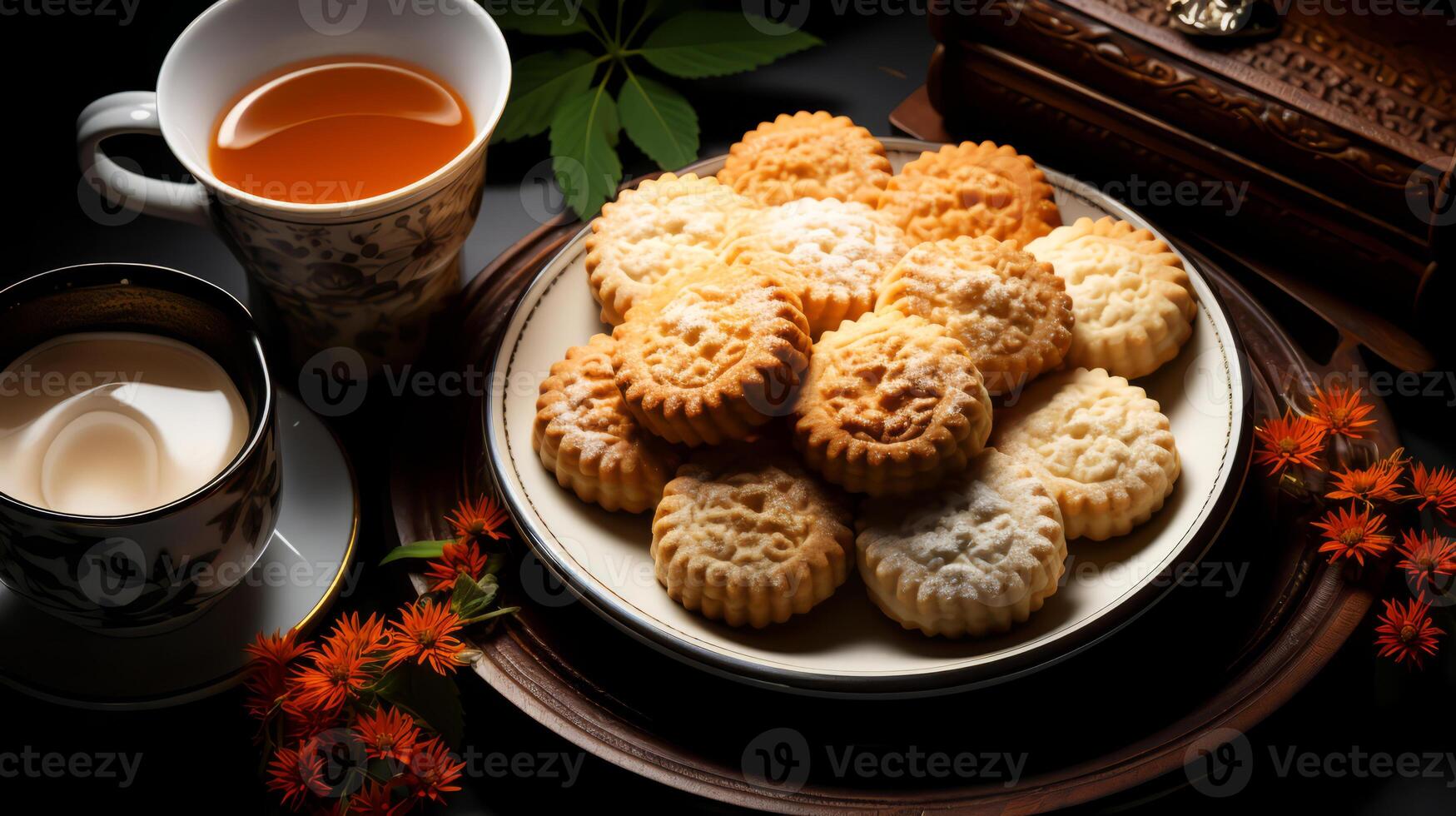 ai gegenereerd koffie en koekjes Aan een zwart achtergrond. foto