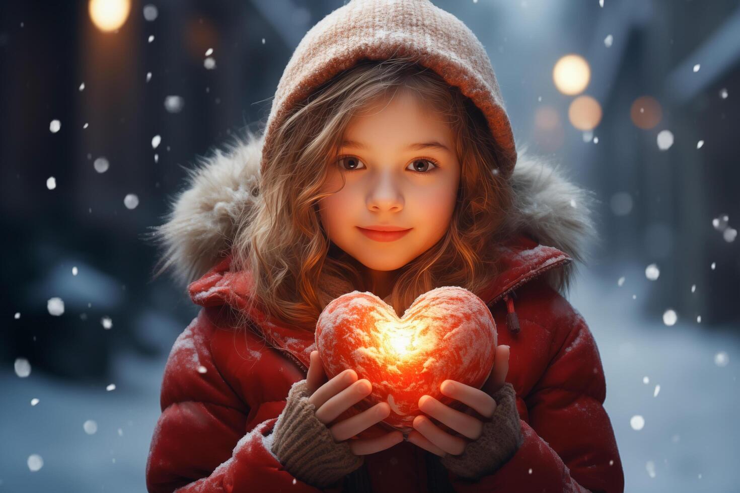 ai gegenereerd schattig meisje Holding een gloeiend rood hart in een besneeuwd. generatief ai. foto