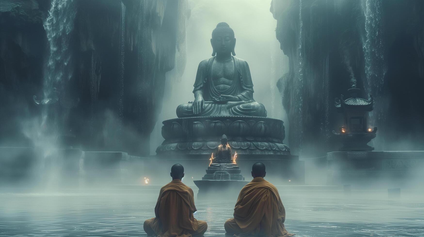 ai gegenereerd boeddhistisch monniken innemend in de buurt sereen Boeddha standbeeld. generatief ai. foto