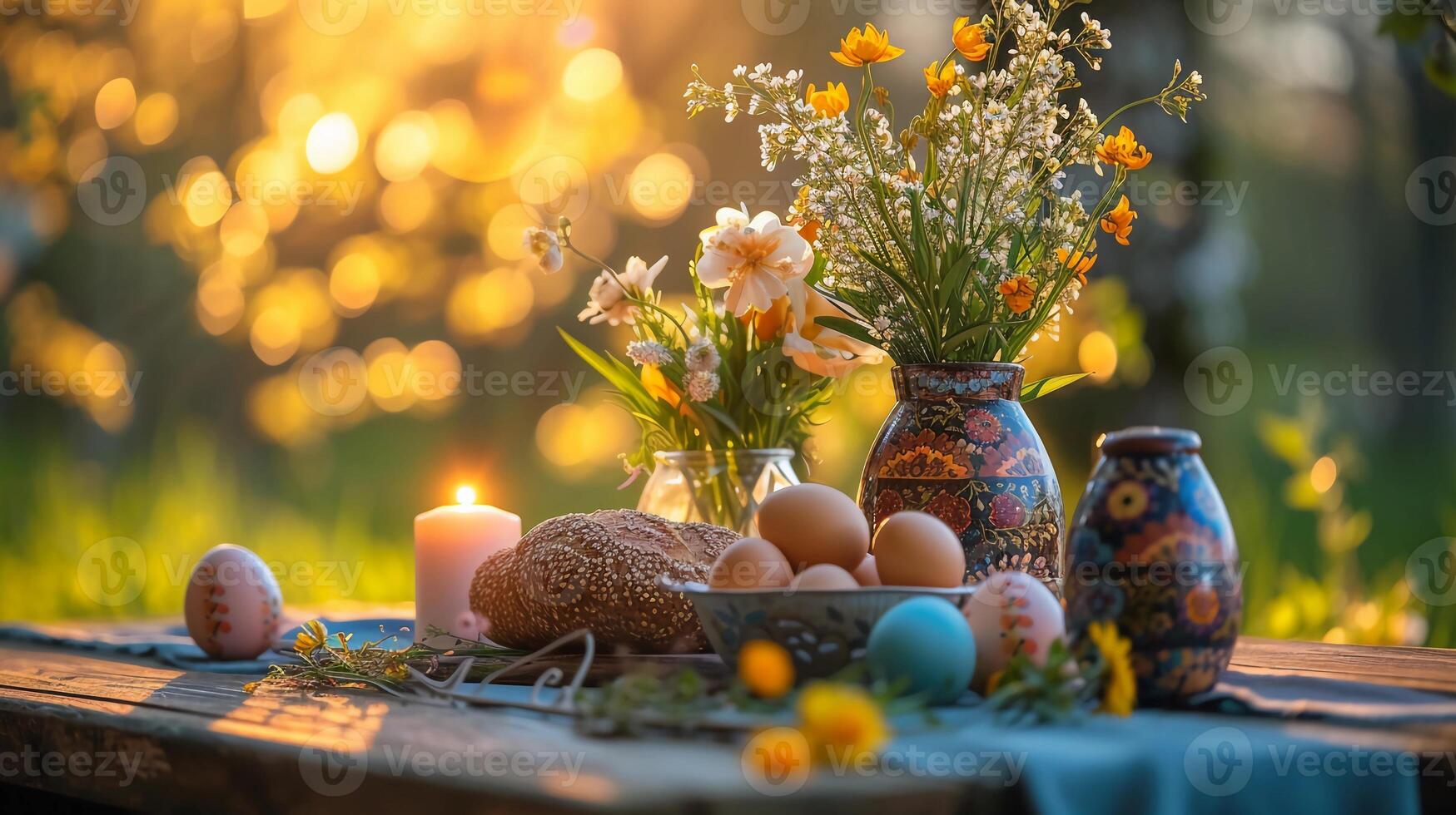 ai gegenereerd buitenshuis Pasen tafel instelling met vazen van voorjaar bloemen, lit kaarsen, geschilderd eieren. ai gegenereerd foto