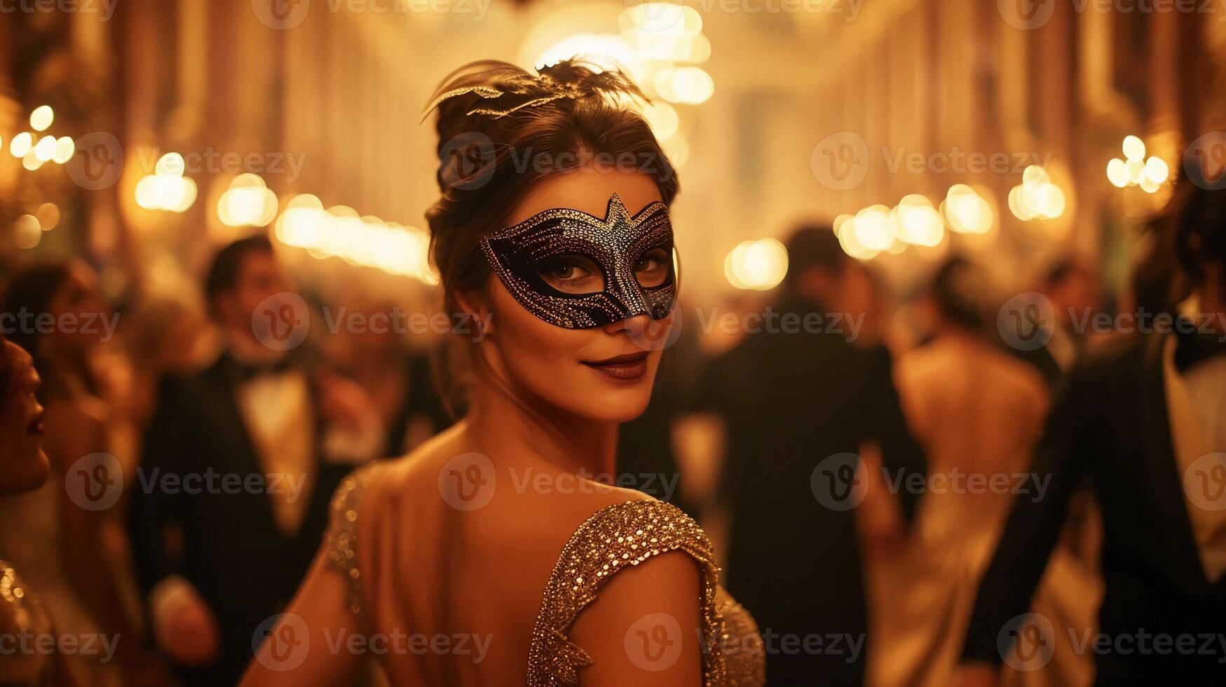 ai gegenereerd vrouw in sprankelend goud jurk en masker. elegant mardi gras maskerade bal in herenhuis. ai gegenereerd foto