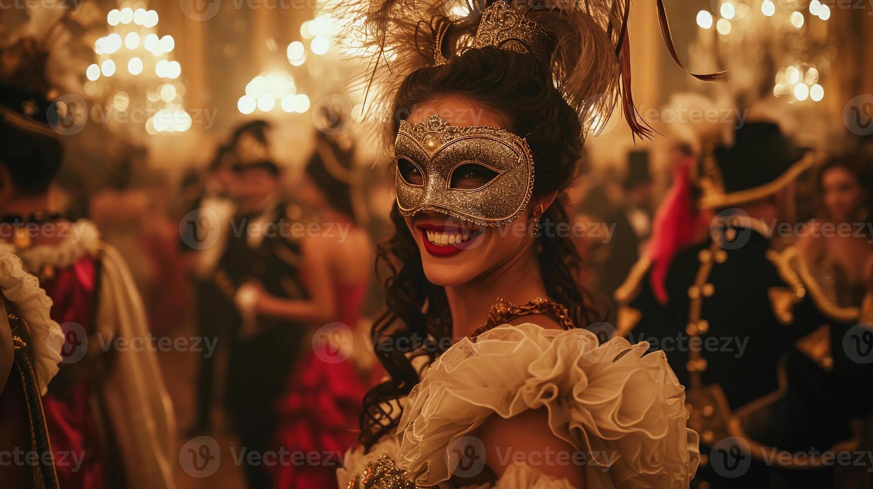 ai gegenereerd vrouw met goud masker en veren. elegant mardi gras maskerade bal in herenhuis. ai gegenereerd foto