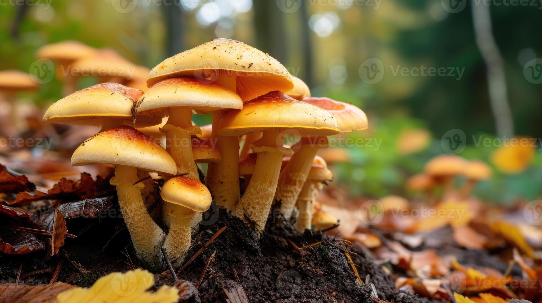 ai gegenereerd champignons bloeiend samen Aan de grond, een natuurlijk wonder van schimmel groei, ai gegenereerd. foto