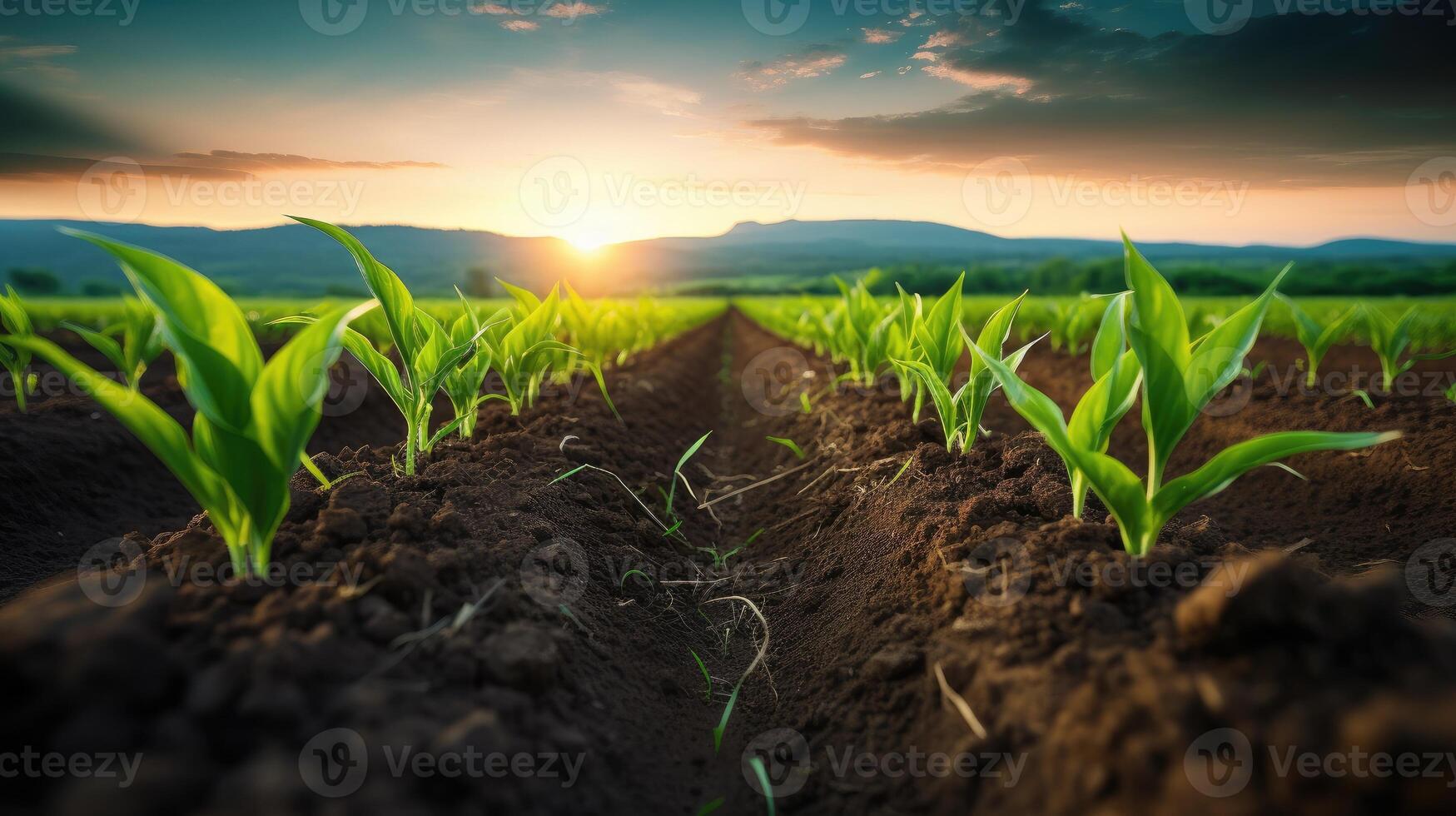 ai gegenereerd agrarisch schot vitrines rijen van jong maïs planten bloeiend in een enorm veld- met vruchtbaar bodem, ai gegenereerd foto