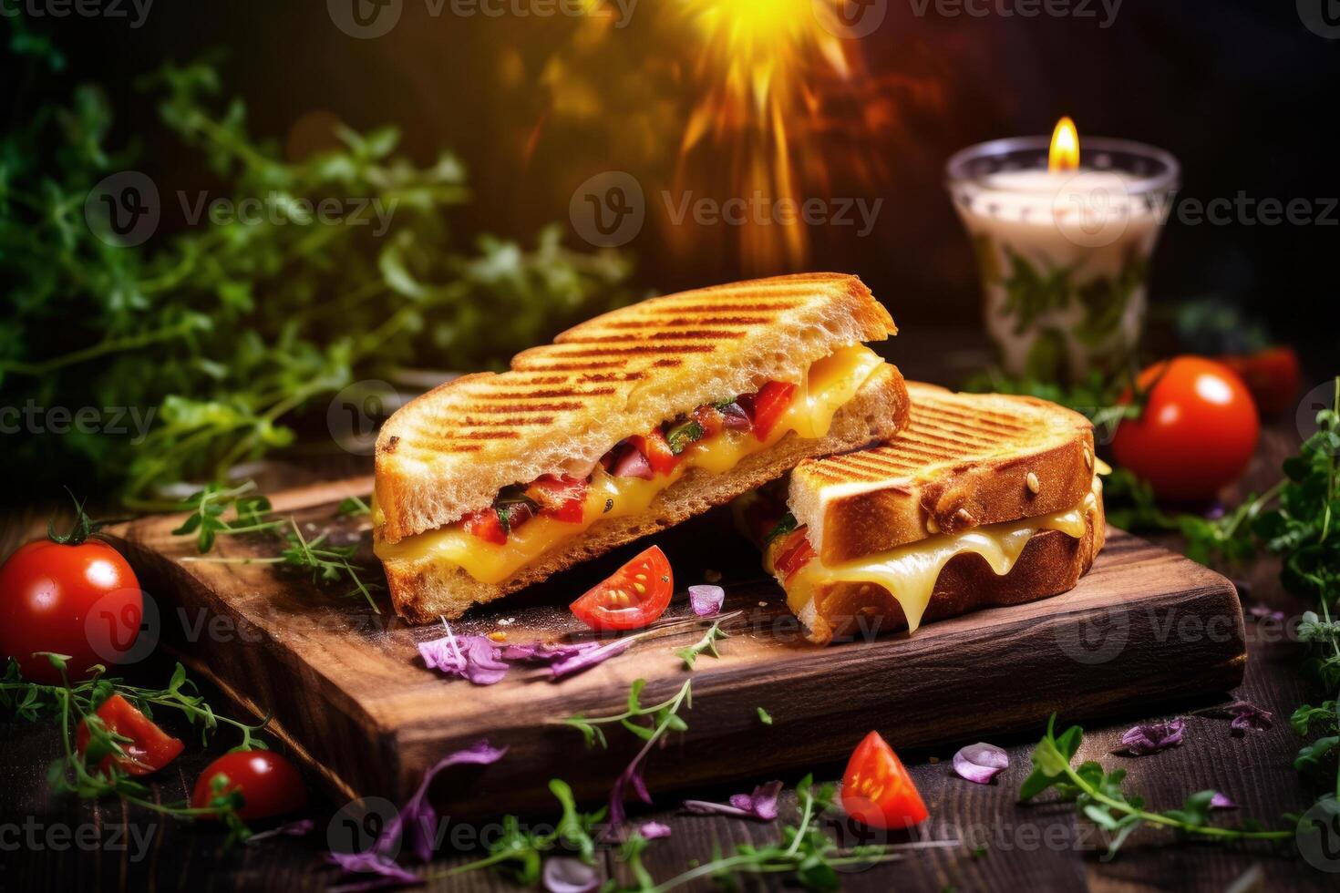 ai gegenereerd twee heet ham en kaas boterhammen Aan bord met groenten en tomaten ai gegenereerd foto