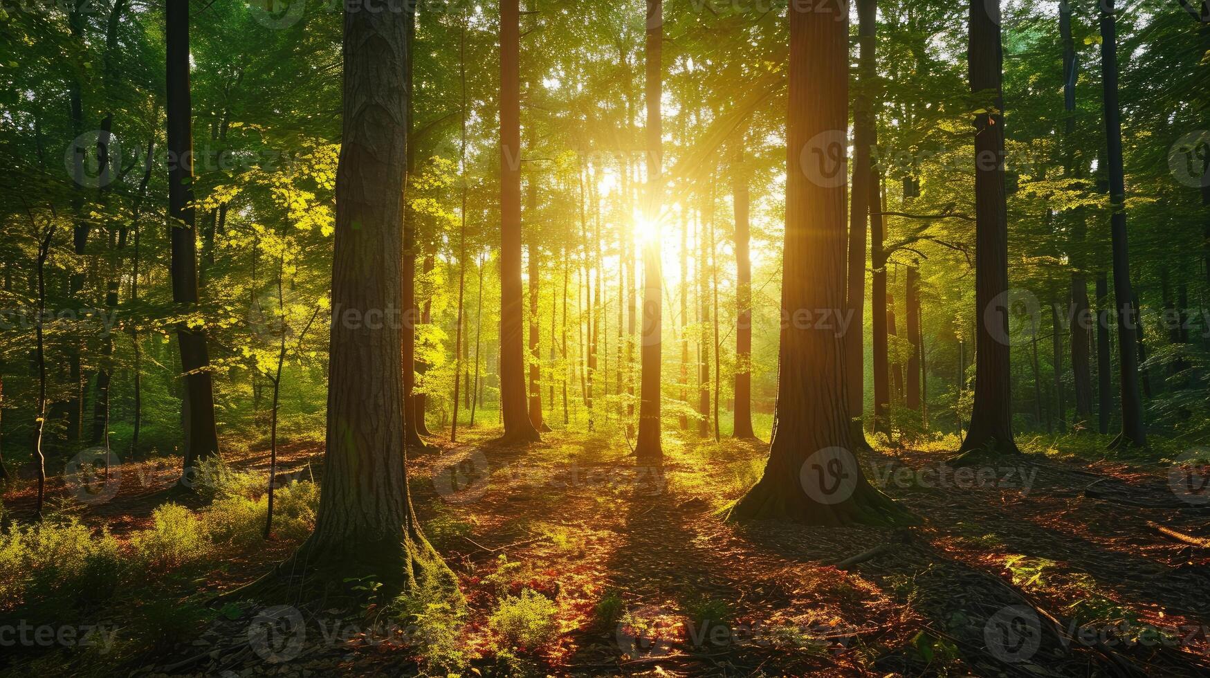 ai gegenereerd een mooi Woud badend in zonlicht net zo helder stralen filter door de bomen, ai gegenereerd. foto