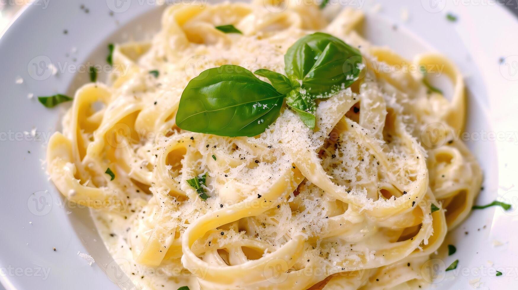 ai gegenereerd romig pasta versierd met Parmezaanse kaas kaas, een onweerstaanbaar vreugde, ai gegenereerd. foto