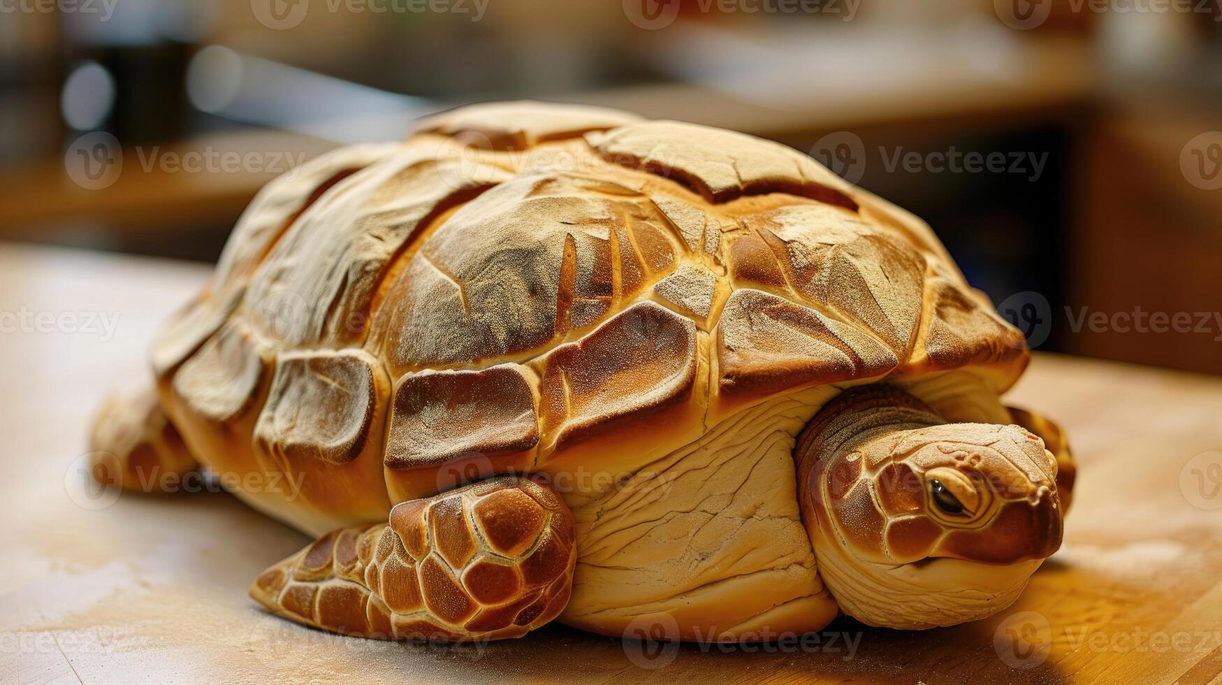 ai gegenereerd uniek brood brood lijkt op een schildpad resting Aan een houten tafel, ai gegenereerd foto