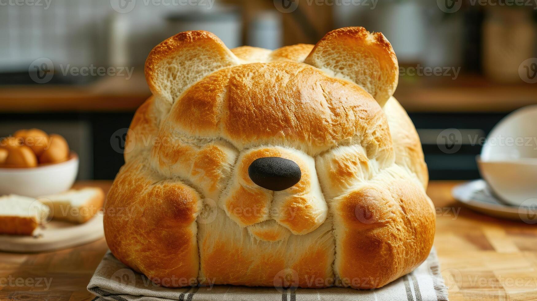 ai gegenereerd uniek brood brood lijkt op een beer resting Aan een houten tafel, ai gegenereerd foto
