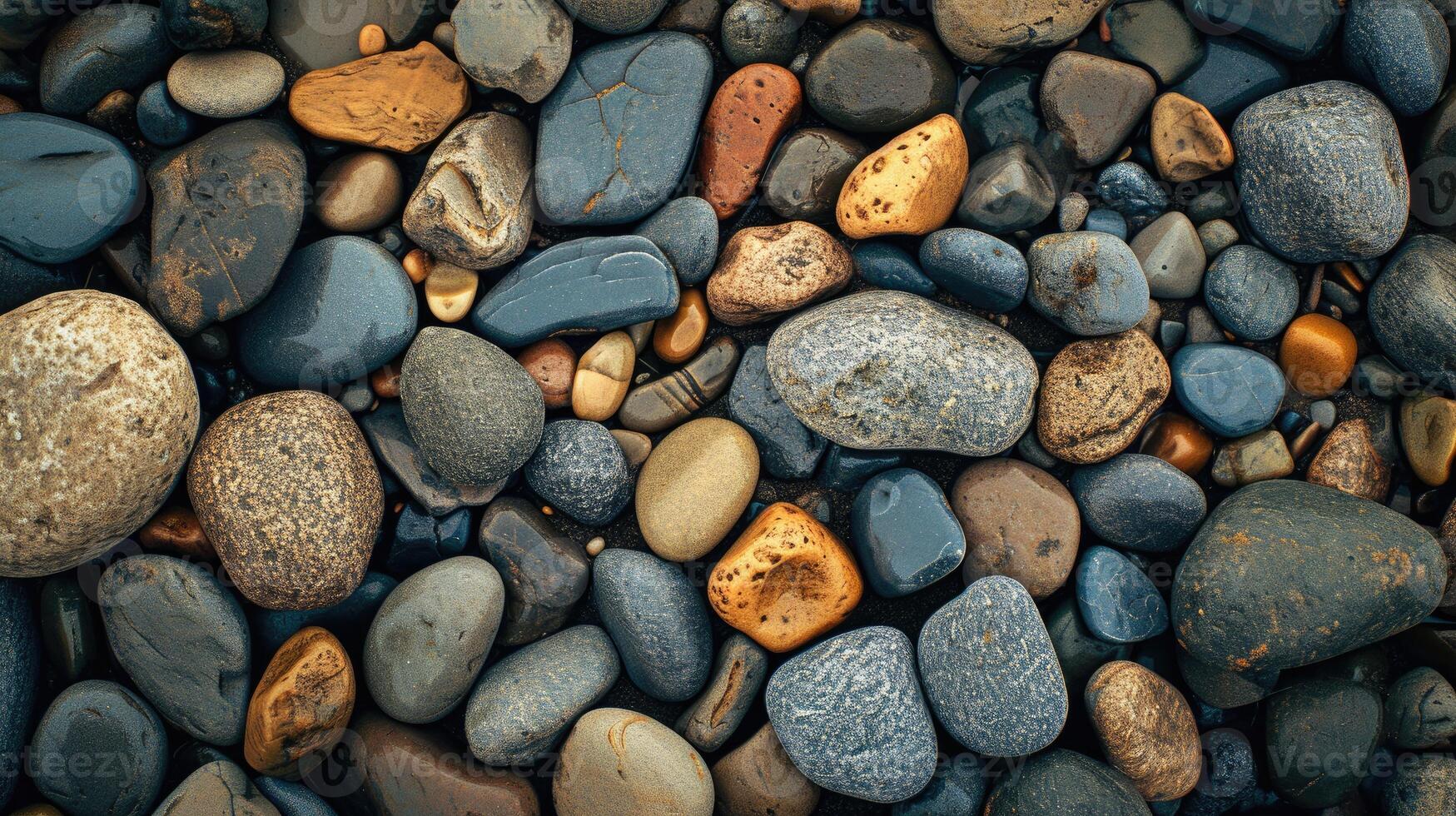 ai gegenereerd detailopname van kiezelsteen stenen Aan de oever, creëren een natuurlijk strand stenen achtergrond in een top visie, ai gegenereerd foto