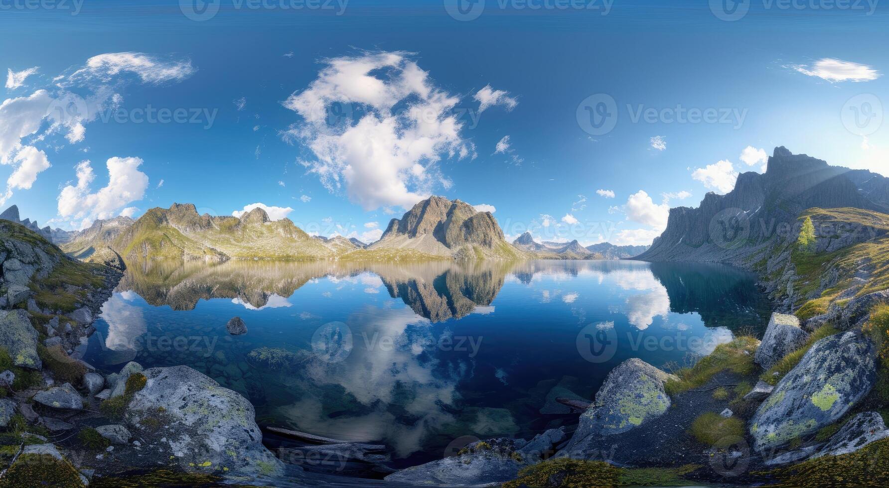 ai gegenereerd onderdompelen jezelf in een adembenemend 360 panorama van bergen en een rustig meer. ai gegenereerd. foto