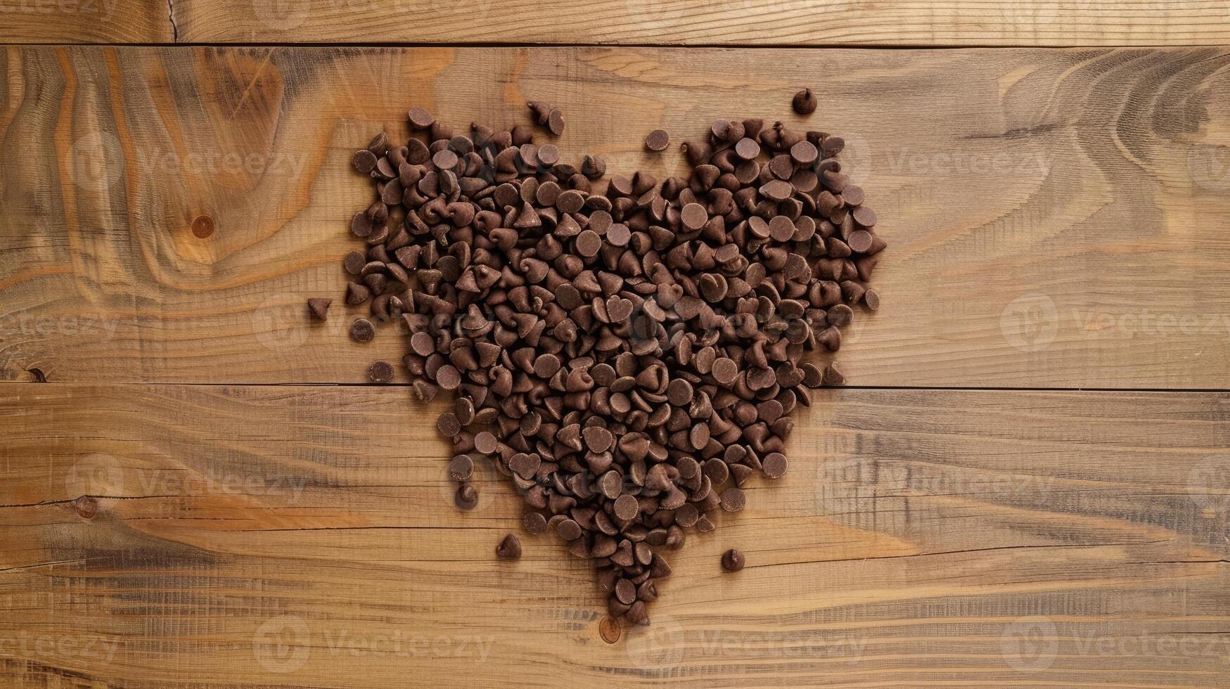 ai gegenereerd chocola chips geregeld in een hart vorm Aan een houten vloer, charmant en zoet, ai gegenereerd foto