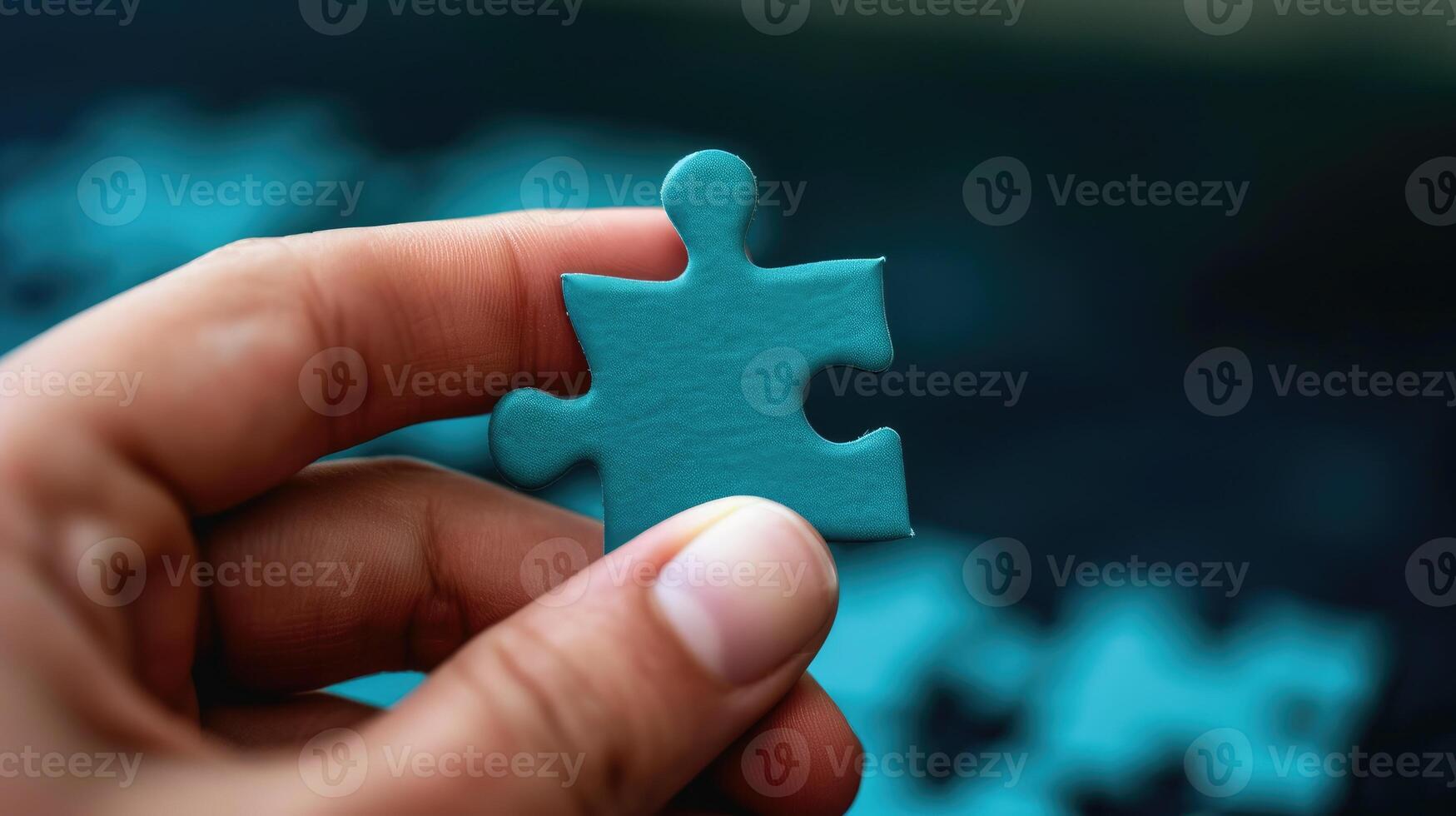 ai gegenereerd een grijpen Aan een eenzaam blauw puzzel deel, betekenend eenheid, ai gegenereerd foto