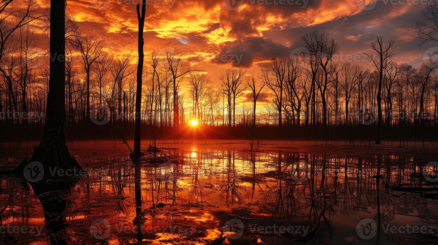 ai gegenereerd getuige de schoonheid van een moeras Bij zonsondergang, met de backdrop van bomen creëren een harmonisch natuur tafereel. ai gegenereerd. foto