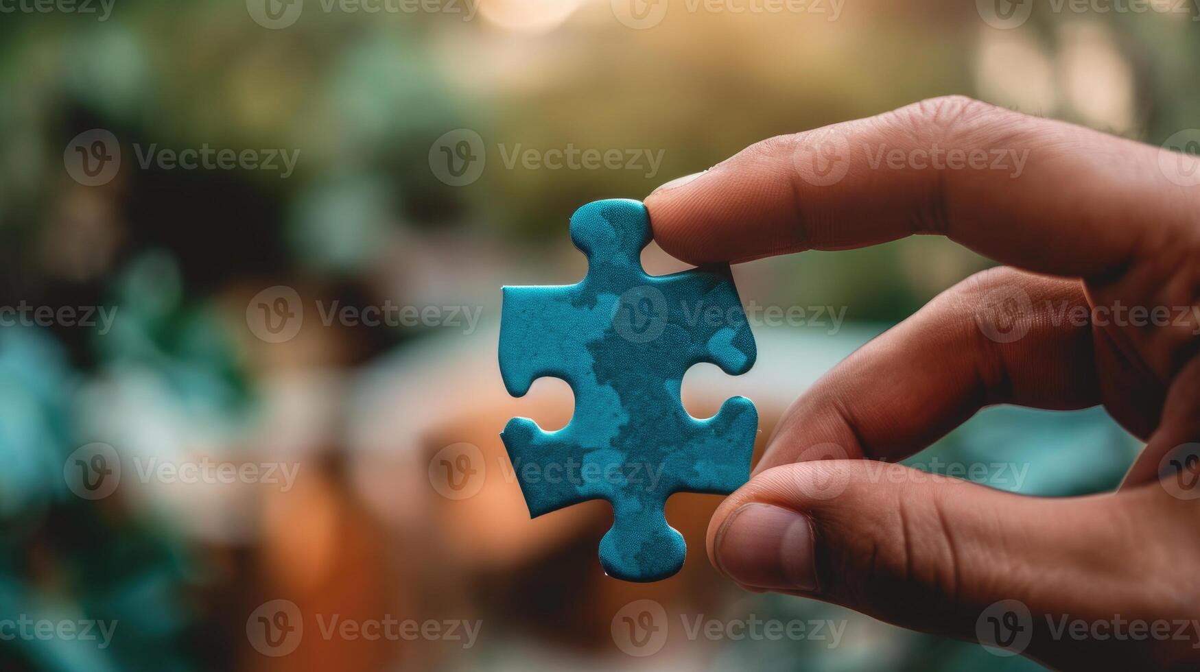 ai gegenereerd een grijpen Aan een eenzaam blauw puzzel deel, betekenend eenheid, ai gegenereerd foto