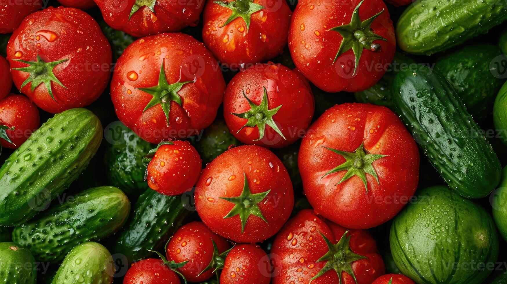 ai gegenereerd een overvloedig hoop van geheel nat tomaten en komkommers, creëren een naadloos achtergrond perfect voor wikkels, ai gegenereerd. foto