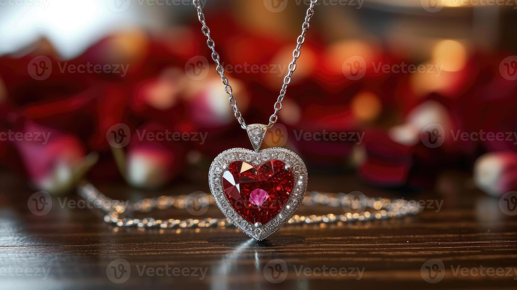 ai gegenereerd elegant hartvormig diamant ketting met een opvallend rood steen Bij haar centrum, ai gegenereerd foto