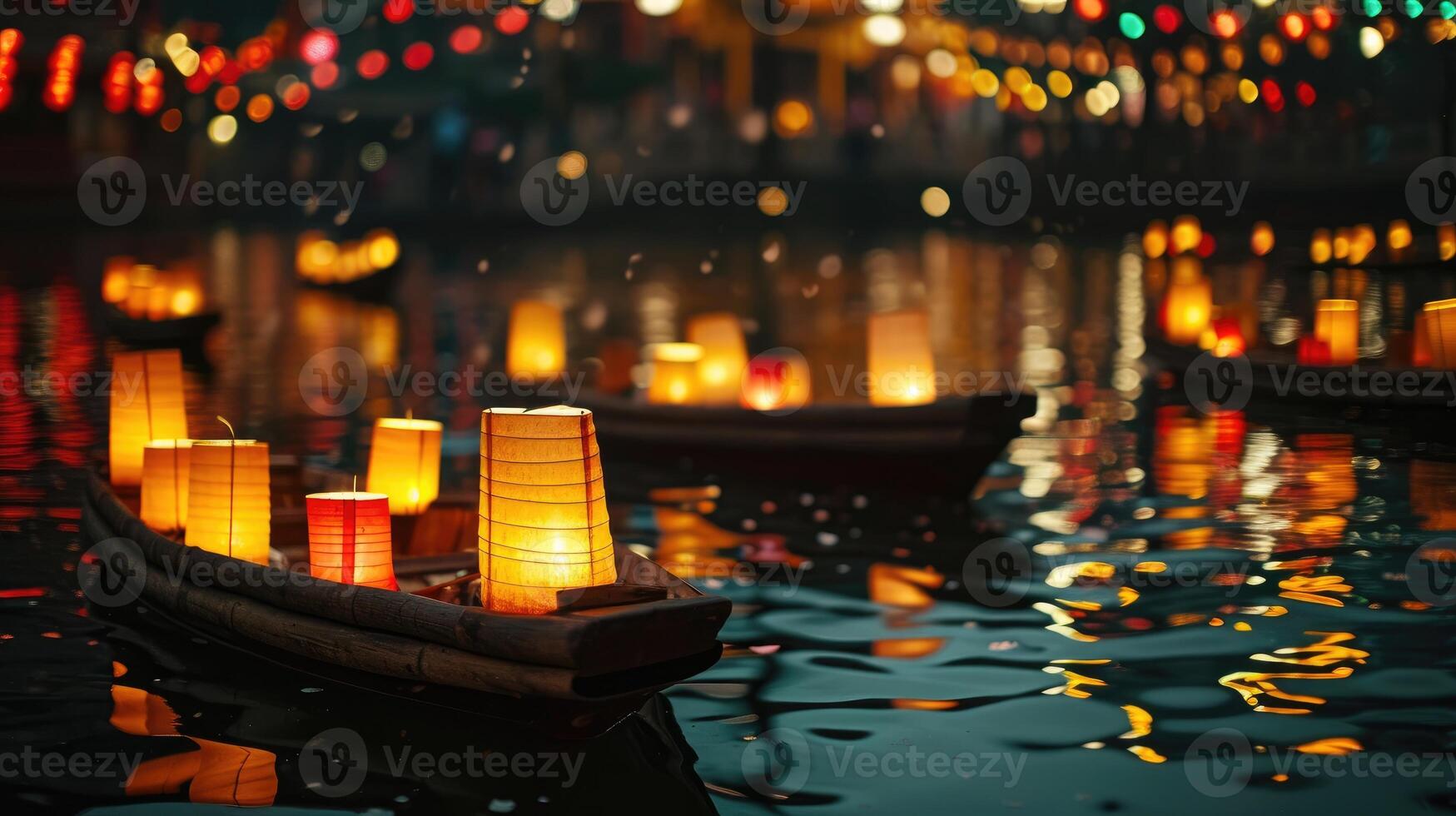 ai gegenereerd rij boten versierd met Chinese lantaarns, voorzichtig drijvend Aan water, ai gegenereerd foto