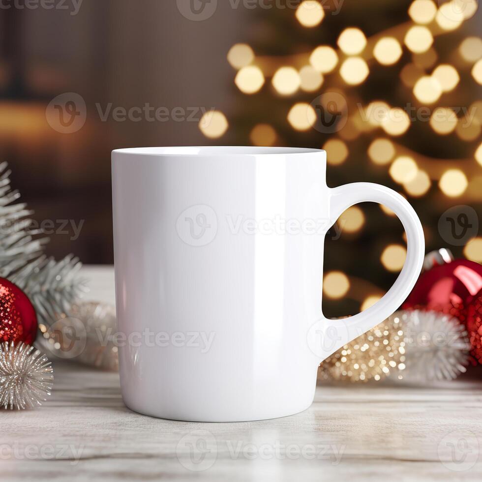 ai gegenereerd Kerstmis elegantie, blanco wit mok mockup in feestelijk instelling foto