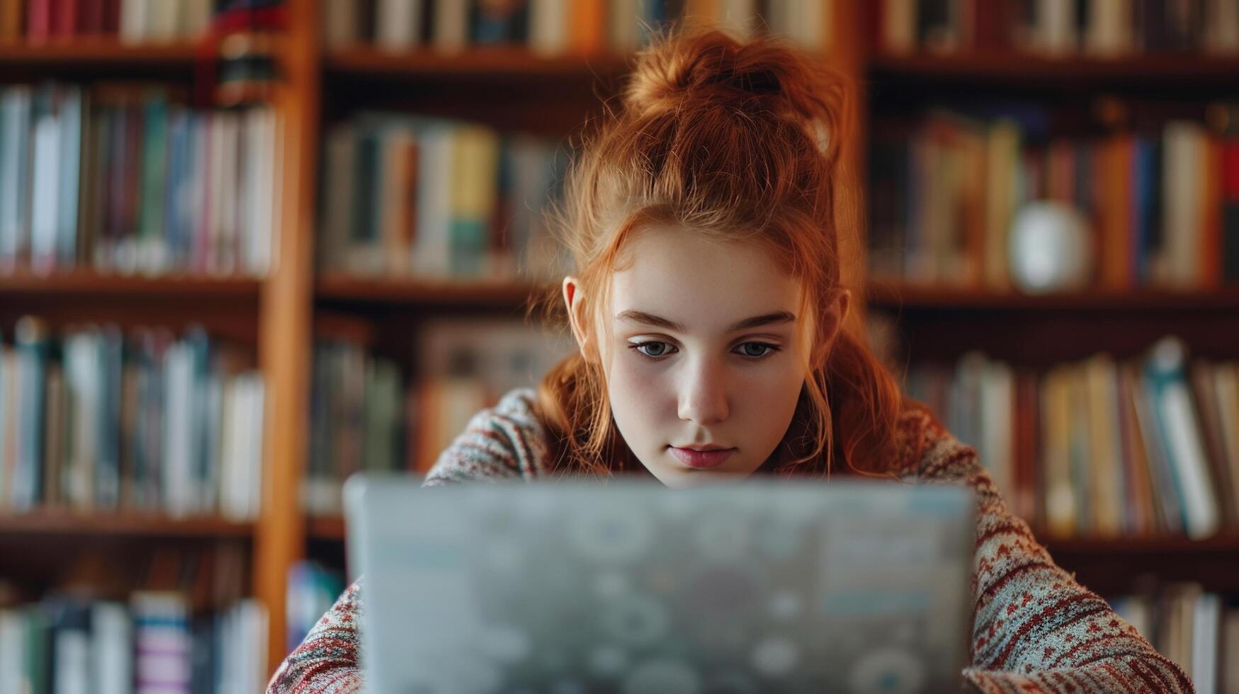 ai gegenereerd een gefocust schoolmeisje gebruik makend van een laptop naar Onderzoek en compleet haar opdrachten foto