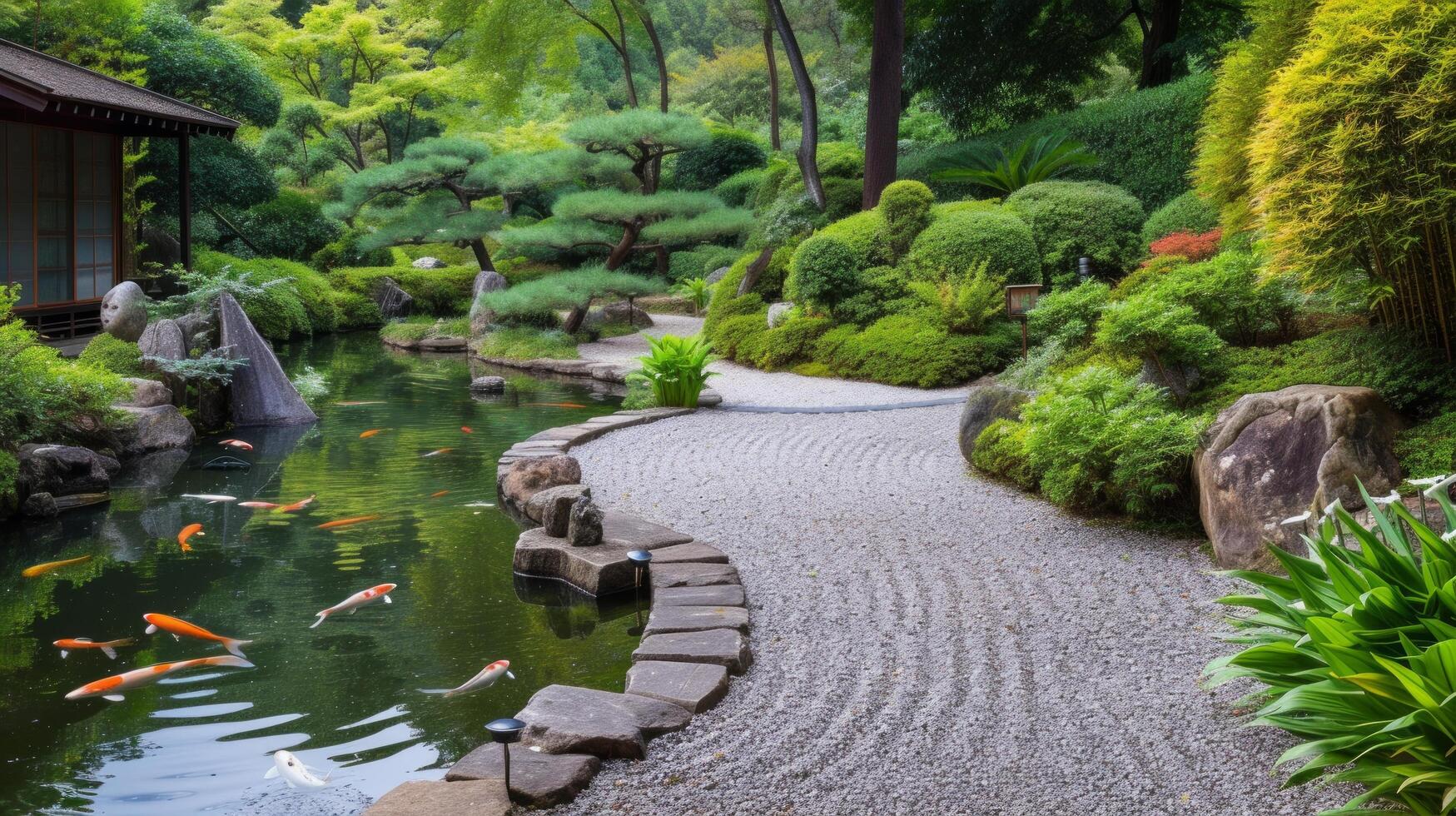 ai gegenereerd een Japans thee tuin met perfect geharkt grind paden en een sereen koi vijver foto