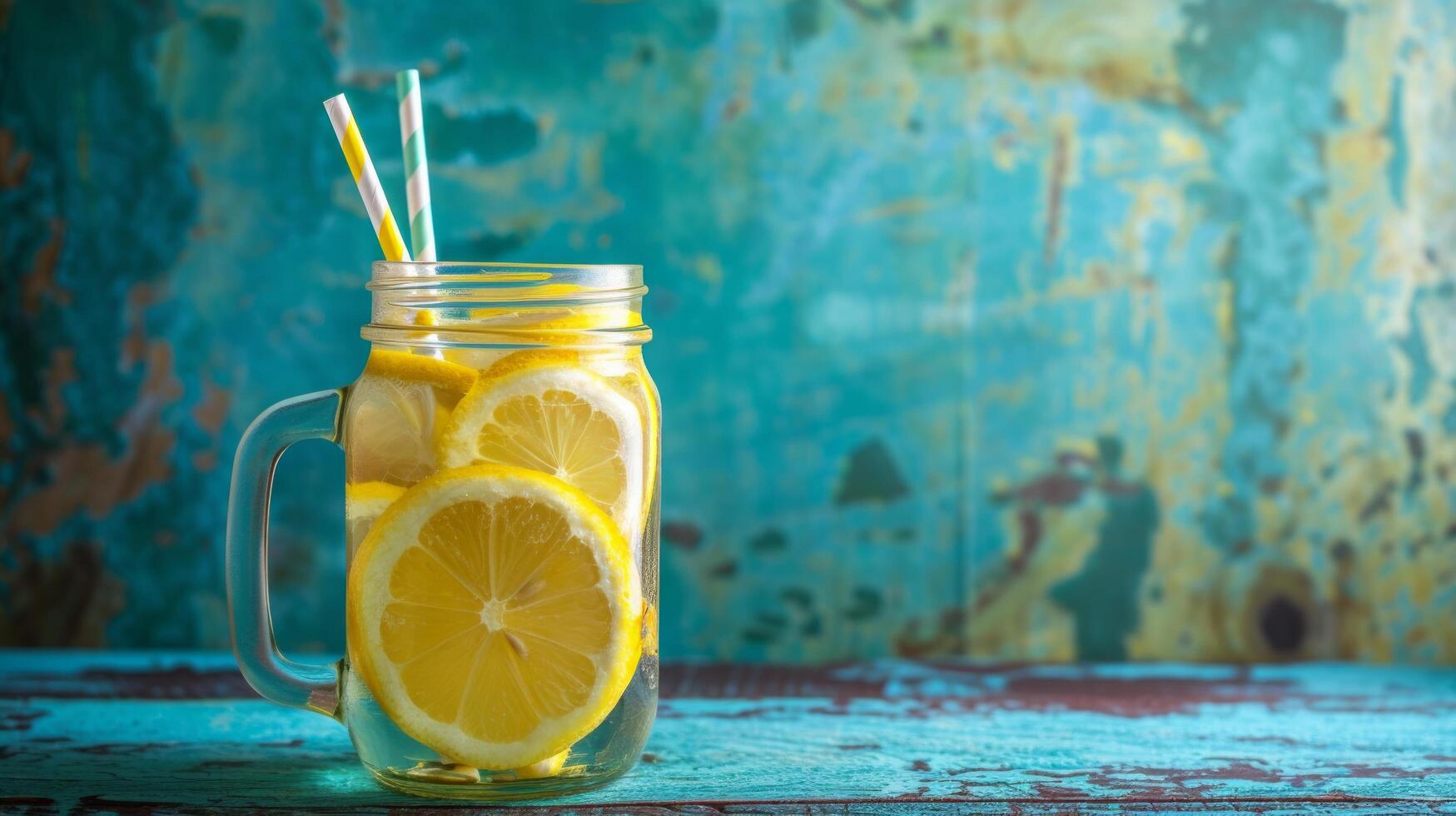 ai gegenereerd een rustiek metselaar pot gevulde met limonade, versierd met een kleurrijk papier rietje foto