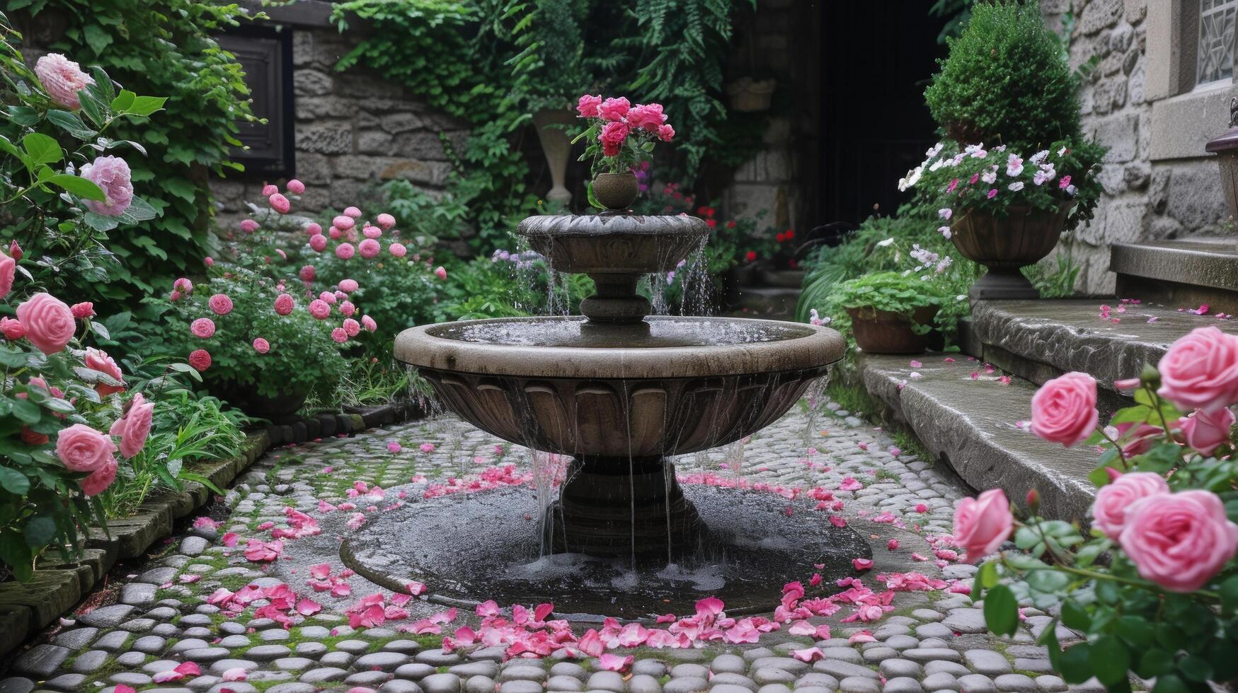 ai gegenereerd een geplaveide binnenplaats is vereerd door een gebeeldhouwd fontein en levendig roze rozen in vol bloeien foto