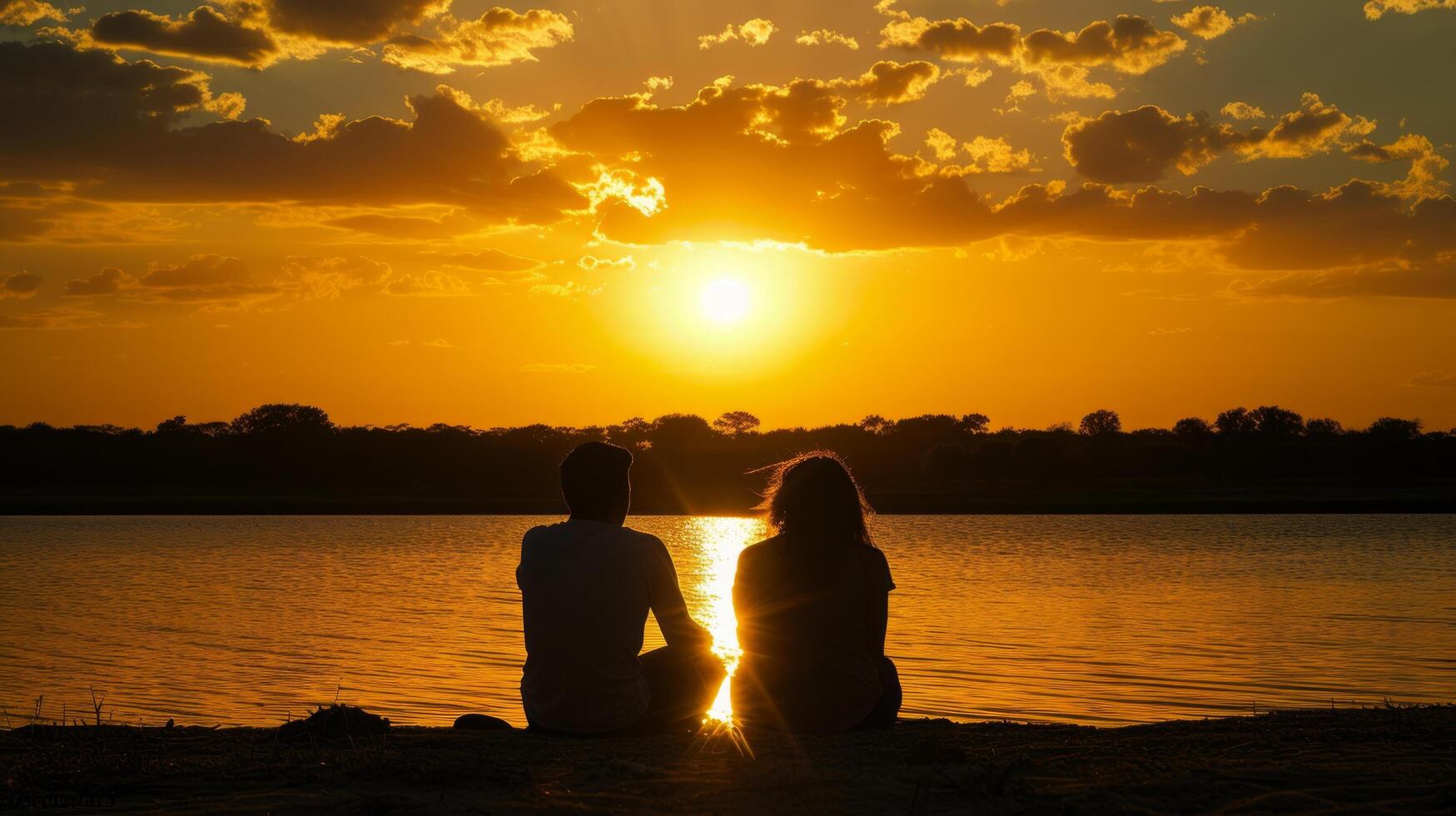 ai gegenereerd een paar zit door de oever, aftekenen tegen de gouden tinten van een instelling zon foto