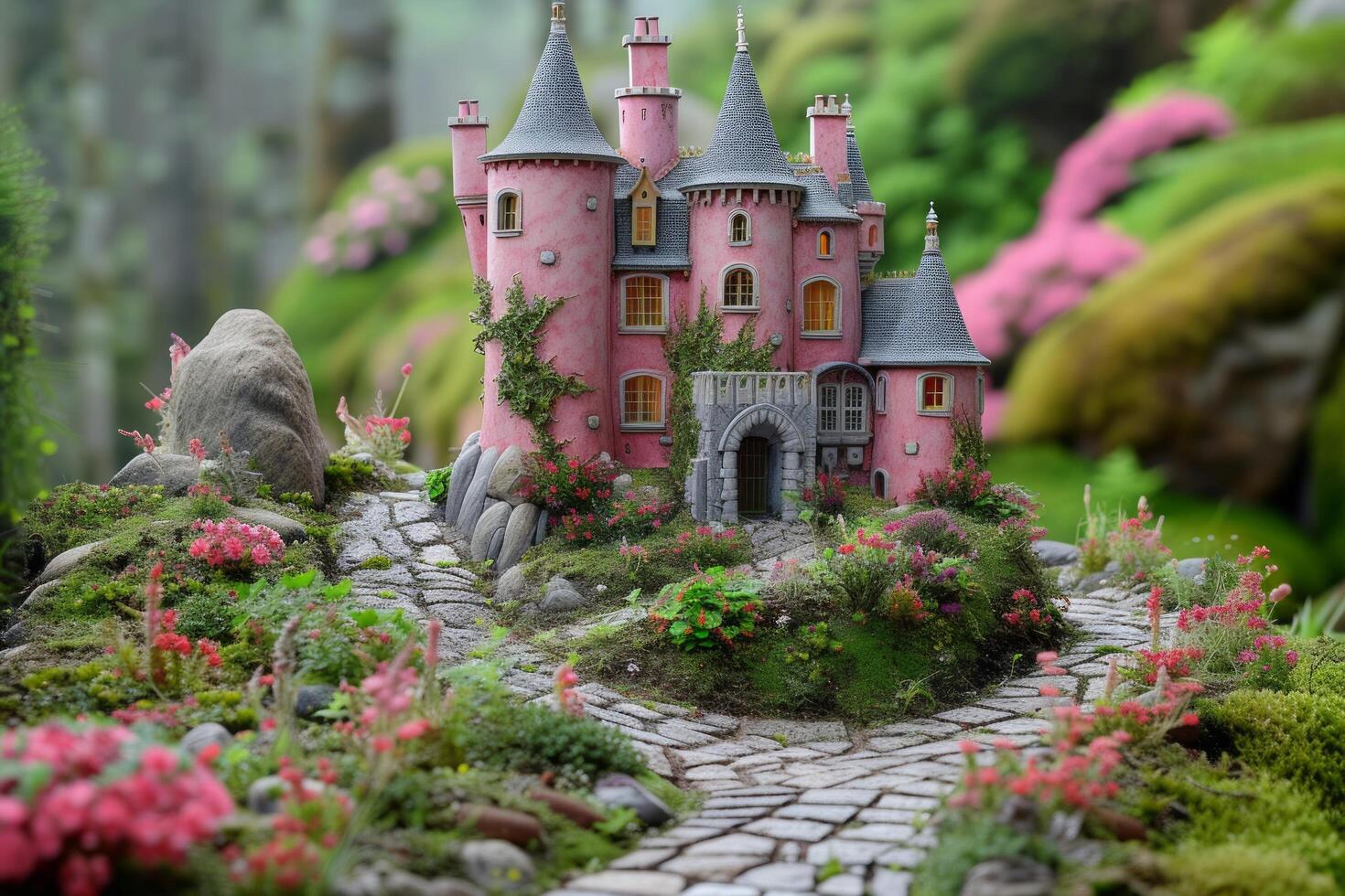 ai gegenereerd een majestueus roze kasteel stijgt Leuk vinden een droom temidden van weelderig tuinen, fit voor een prinses foto