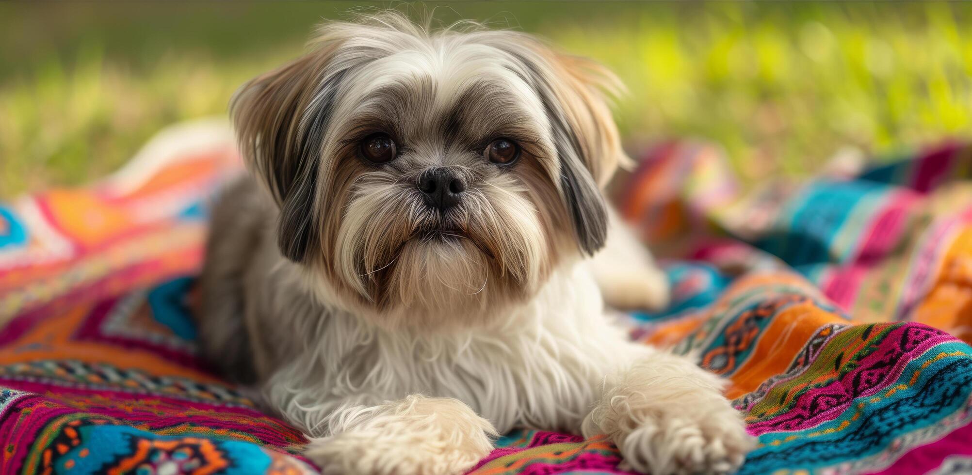 ai gegenereerd een shih tzu weken omhoog de zon terwijl loungen Aan een kleurrijk picknick deken foto