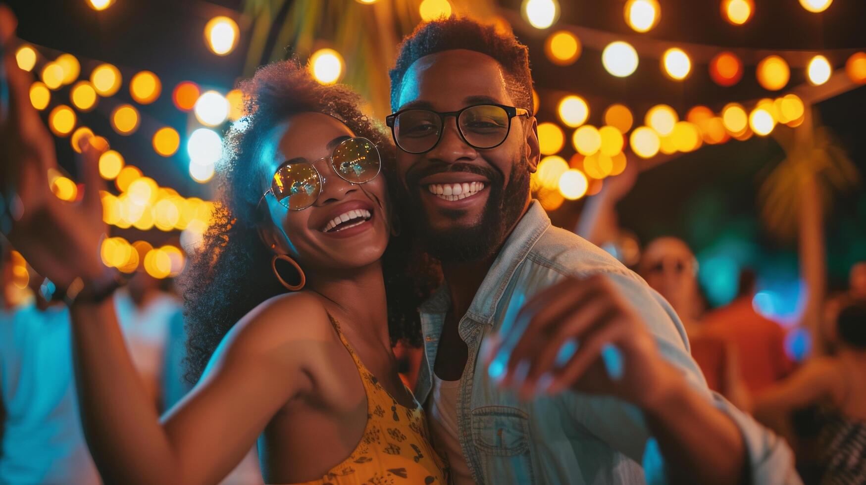 ai gegenereerd een blij paar dansen samen Bij een 's nachts buitenshuis muziek- concert foto