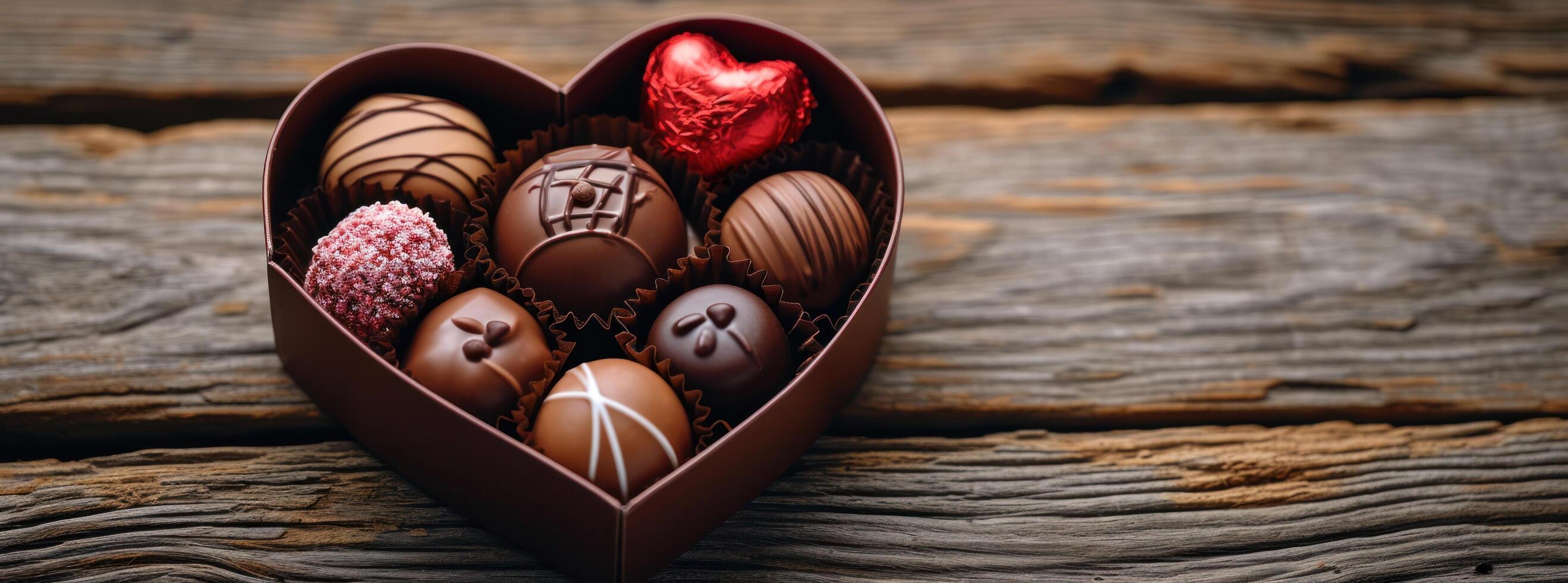 ai gegenereerd de hart vormig doos van chocolaatjes Aan de houten tafel foto