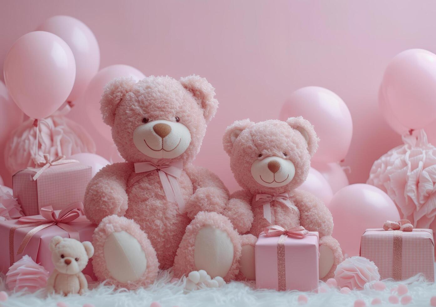 ai gegenereerd teddy bears en ballonnen Aan een roze achtergrond voor baby meisje foto