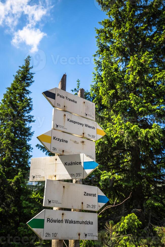 richting teken Aan berg pad, hoog tatra's, Polen foto