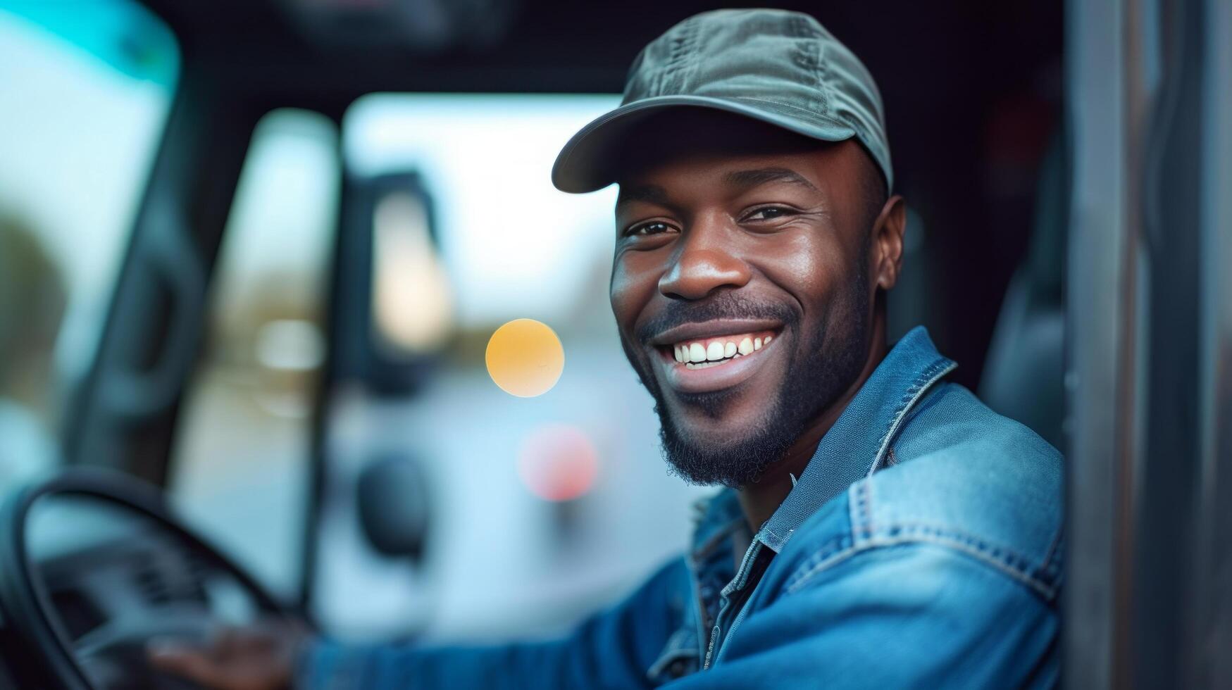 ai gegenereerd blij Afrikaanse Amerikaans bestuurder spannend vrachtauto en geconfronteerd camera foto