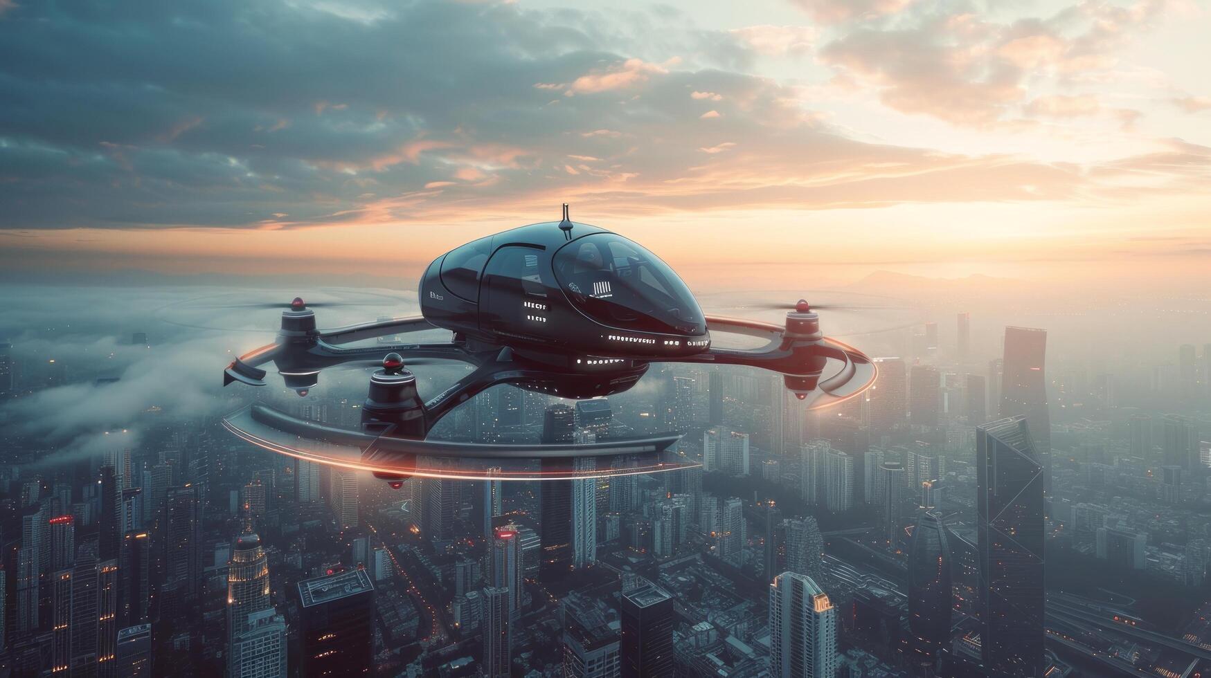 ai gegenereerd een futuristische bemand robo-passagier dar stijgt door de lucht bovenstaand een modern stad foto
